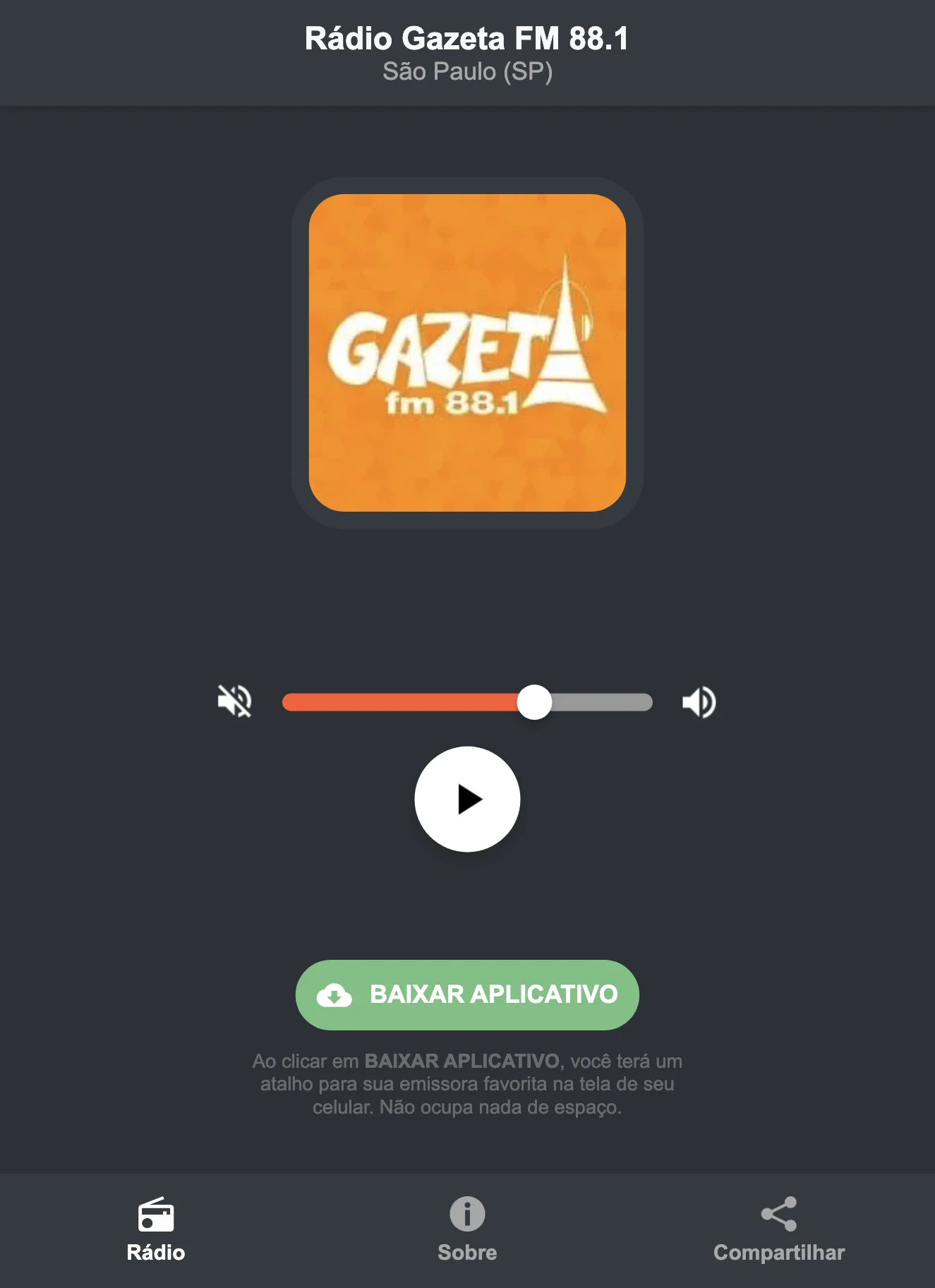 Screenshot do aplicativo da Rádio Gazeta FM 88.1