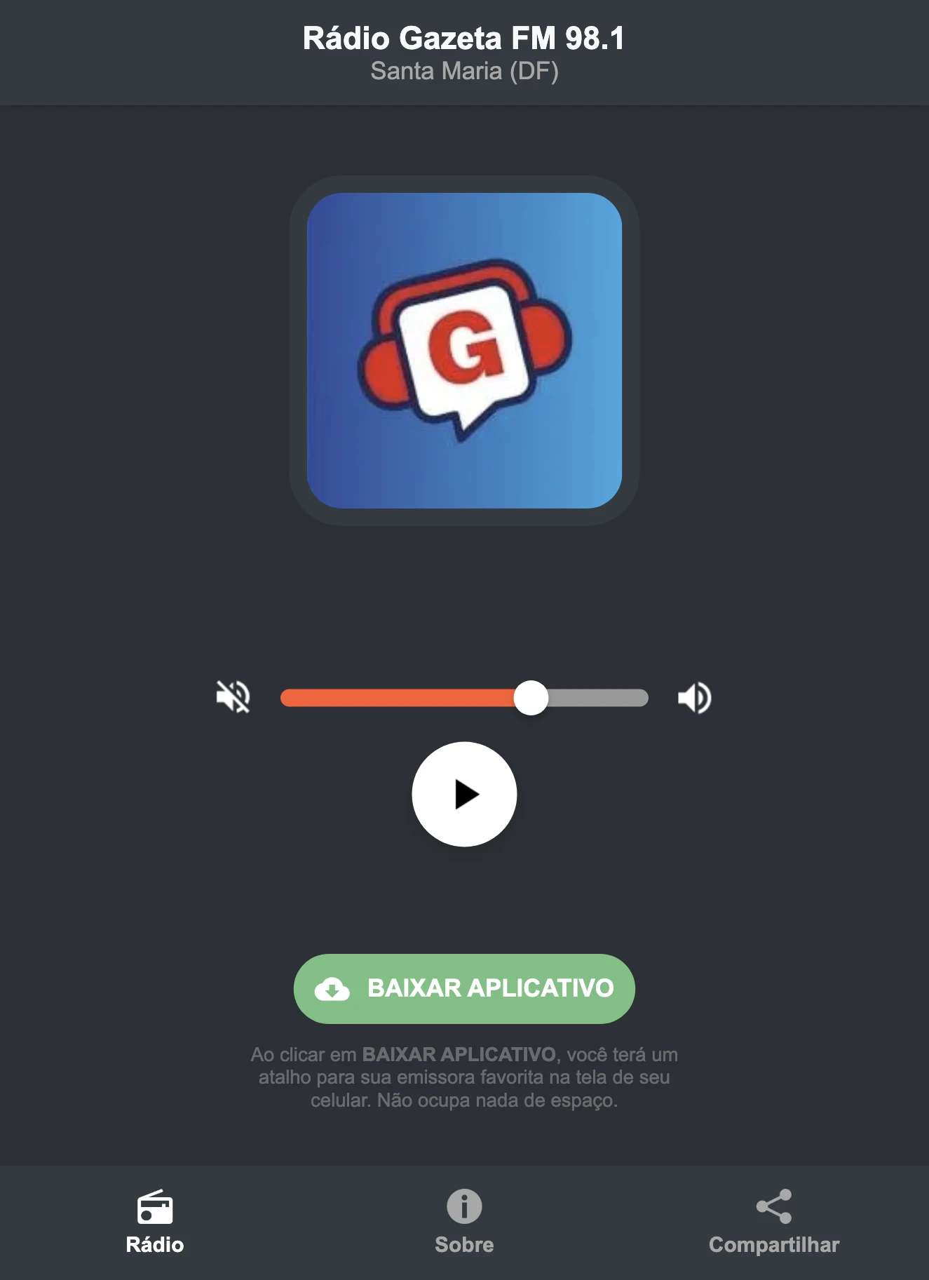 Screenshot do aplicativo da Rádio Gazeta FM 98.1
