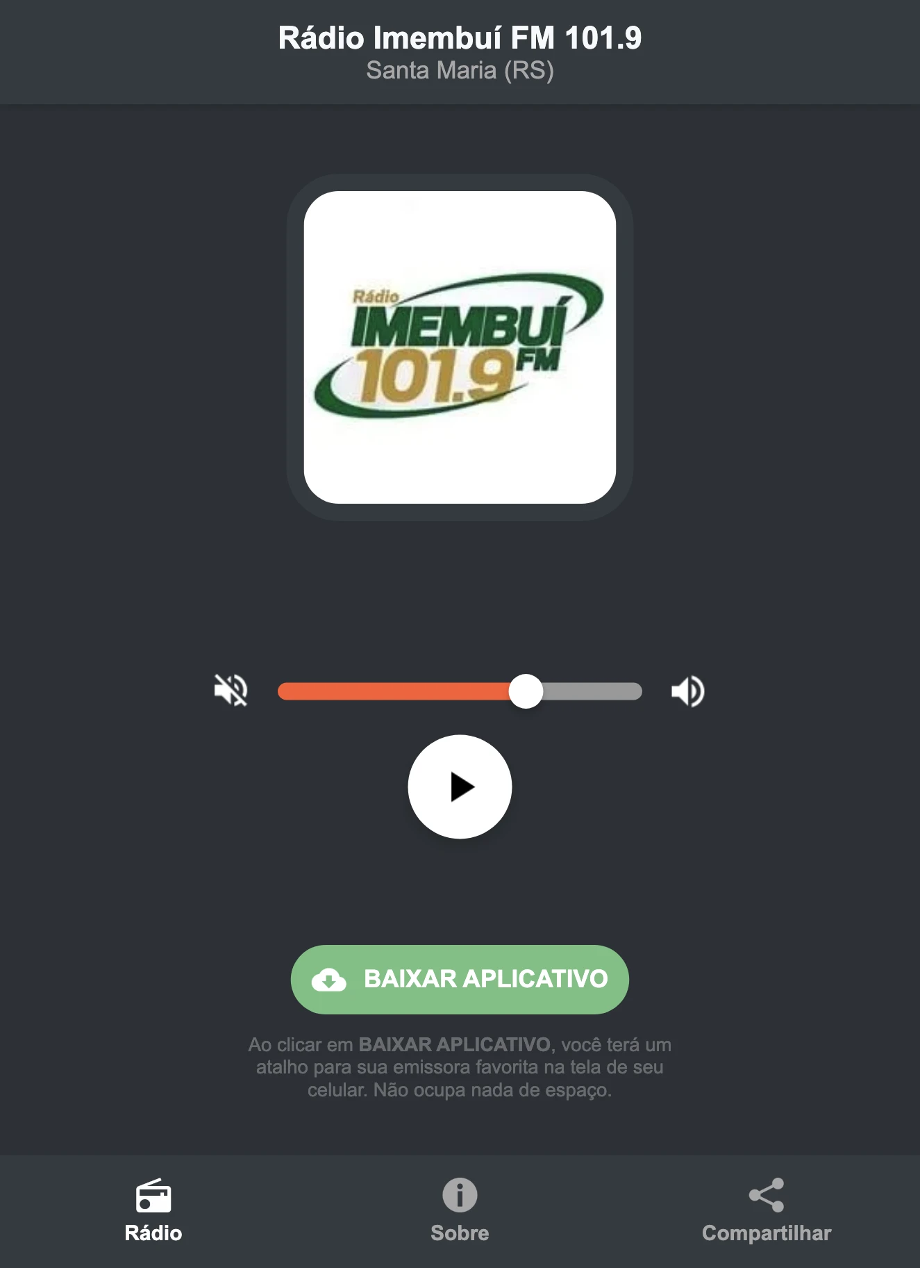 Screenshot do aplicativo da Rádio Imembuí FM 101.9