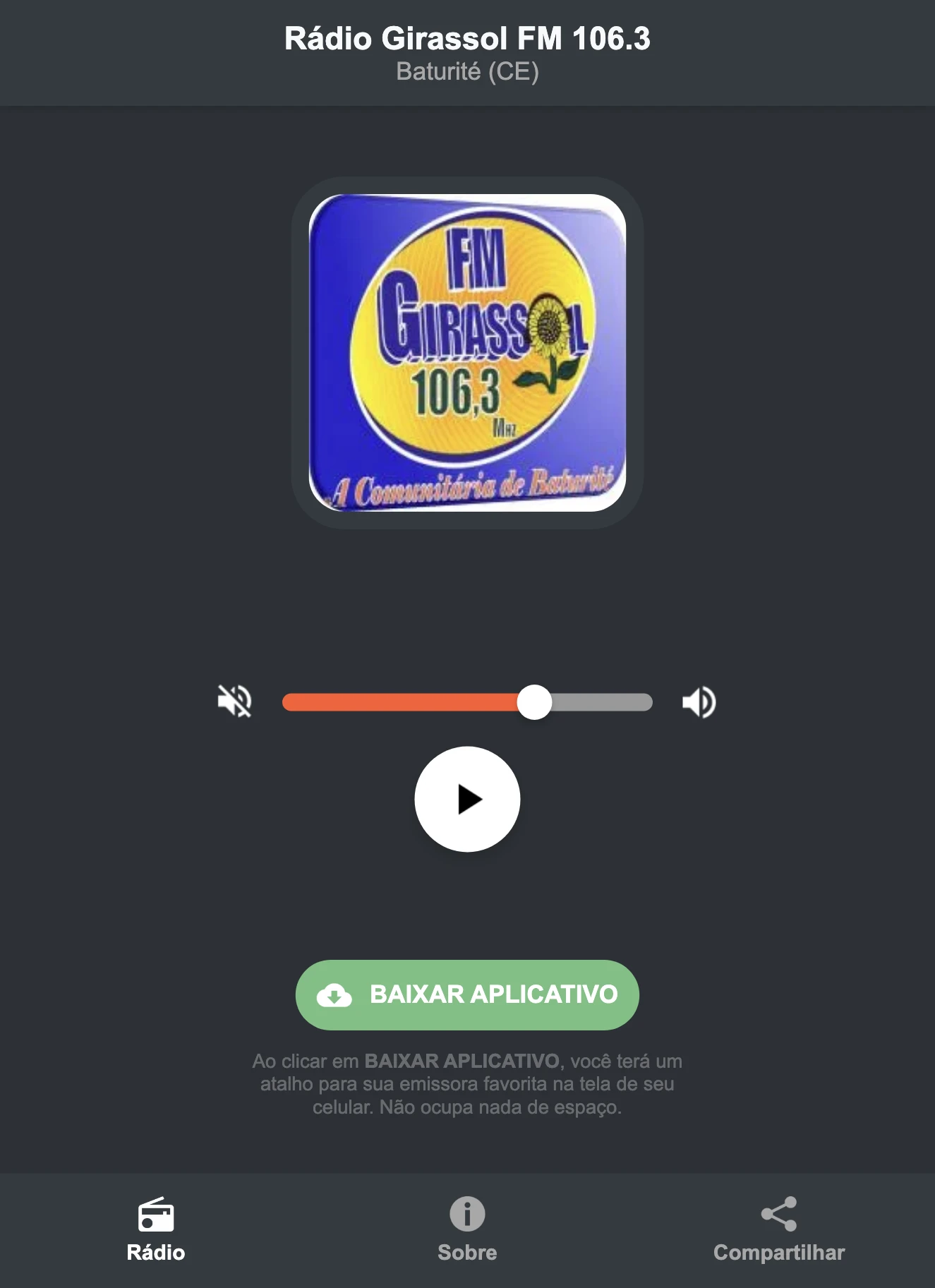 Screenshot do aplicativo da Rádio Girassol FM 106.3
