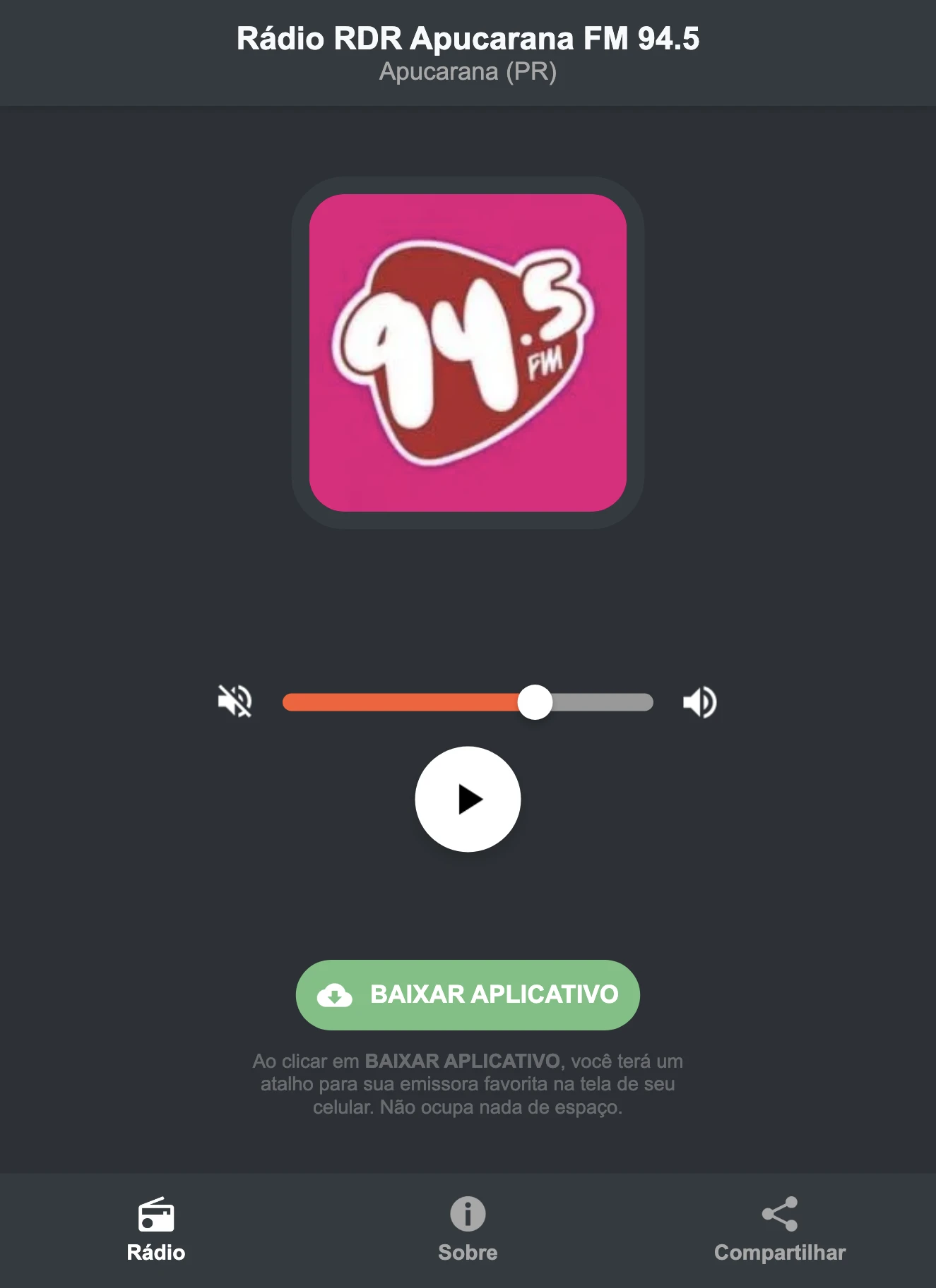 Screenshot do aplicativo da Rádio RDR Apucarana FM 94.5
