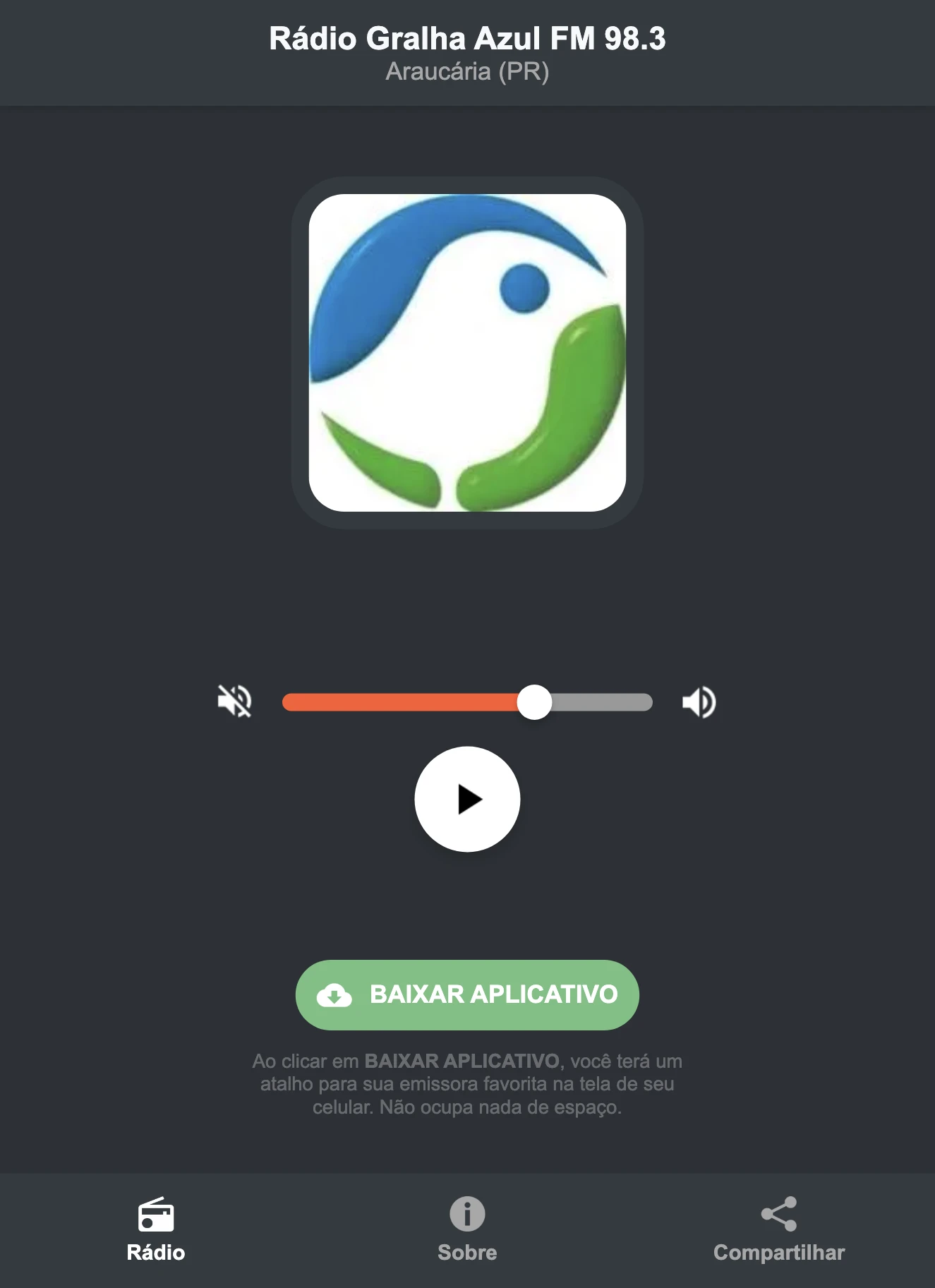 Screenshot do aplicativo da Rádio Gralha Azul FM 98.3