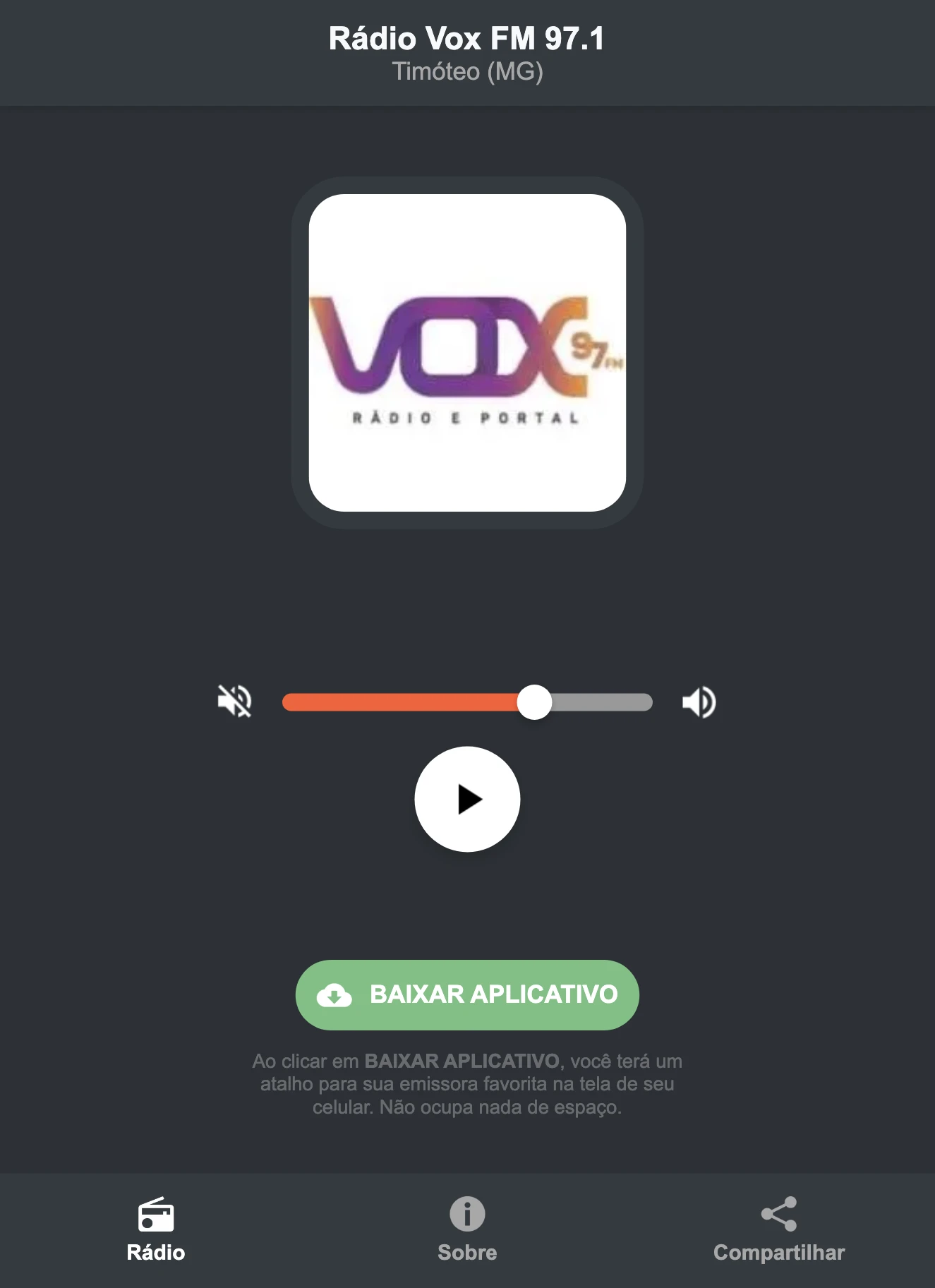Screenshot do aplicativo da Rádio Vox FM 97.1