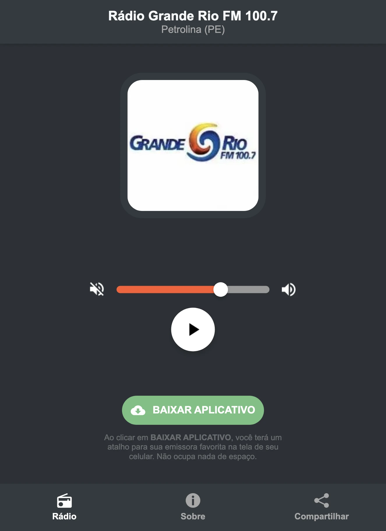 Screenshot do aplicativo da Rádio Grande Rio FM 100.7