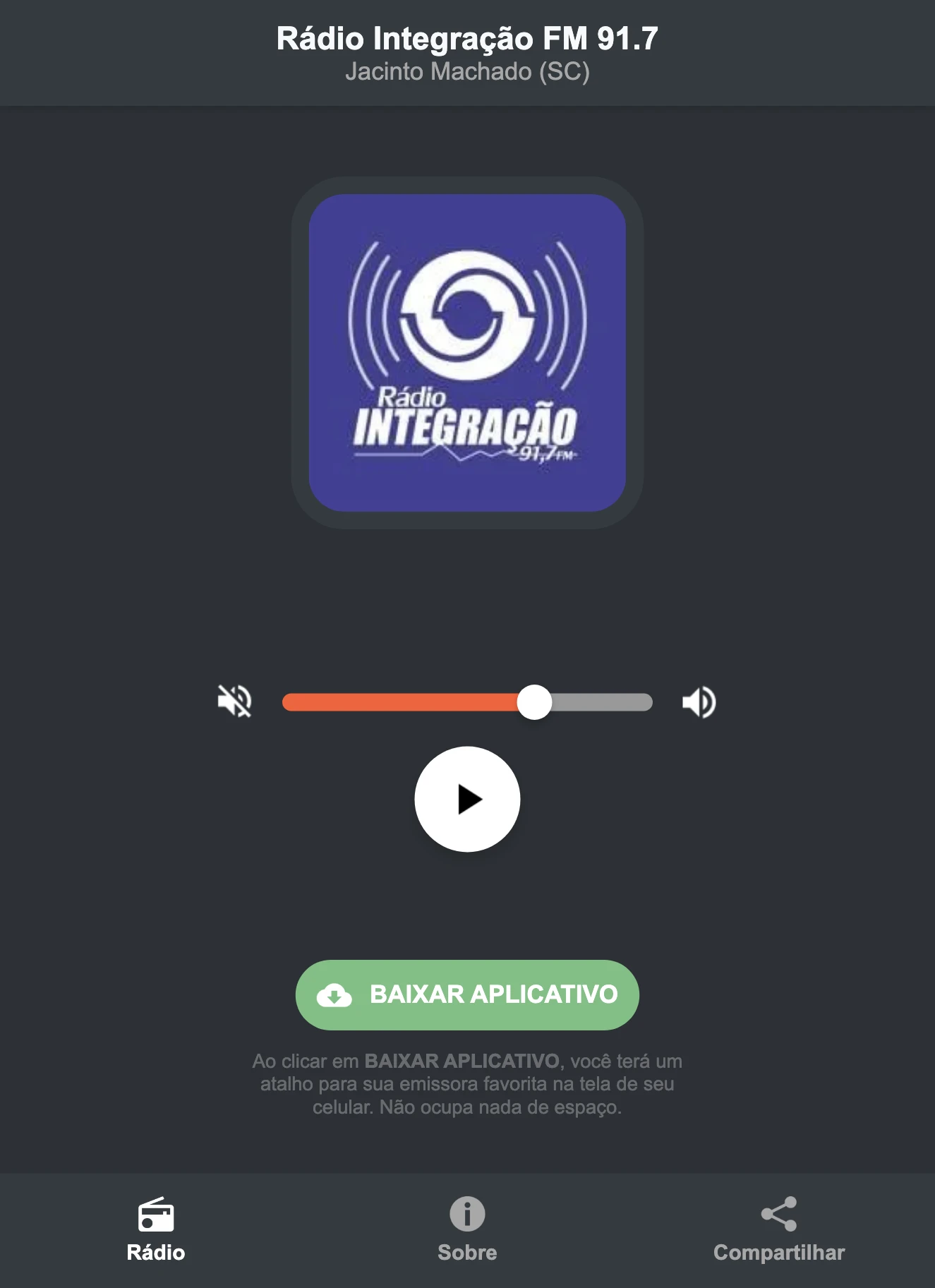 Screenshot do aplicativo da Rádio Integração FM 91.7
