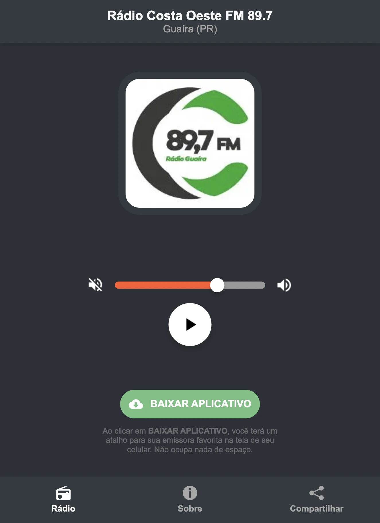 Screenshot do aplicativo da Rádio Costa Oeste FM 89.7