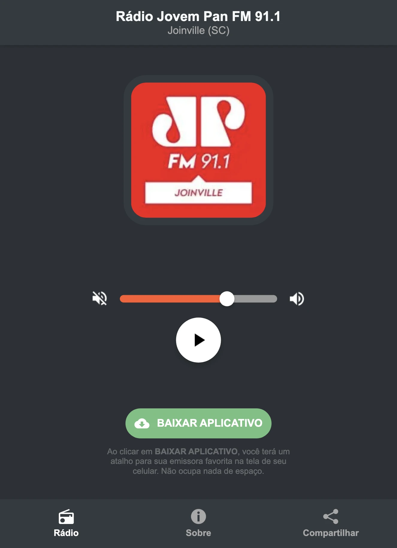 Screenshot do aplicativo da Rádio Jovem Pan FM 91.1