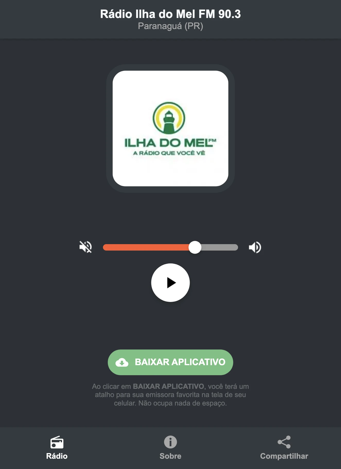 Screenshot do aplicativo da Rádio Ilha do Mel FM 90.3