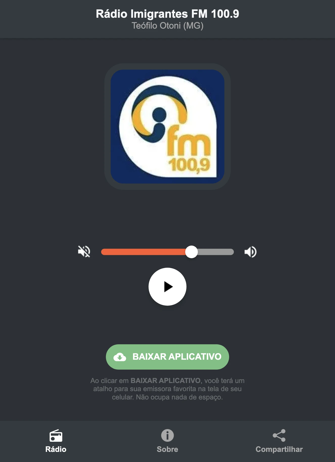 Screenshot do aplicativo da Rádio Imigrantes FM 100.9