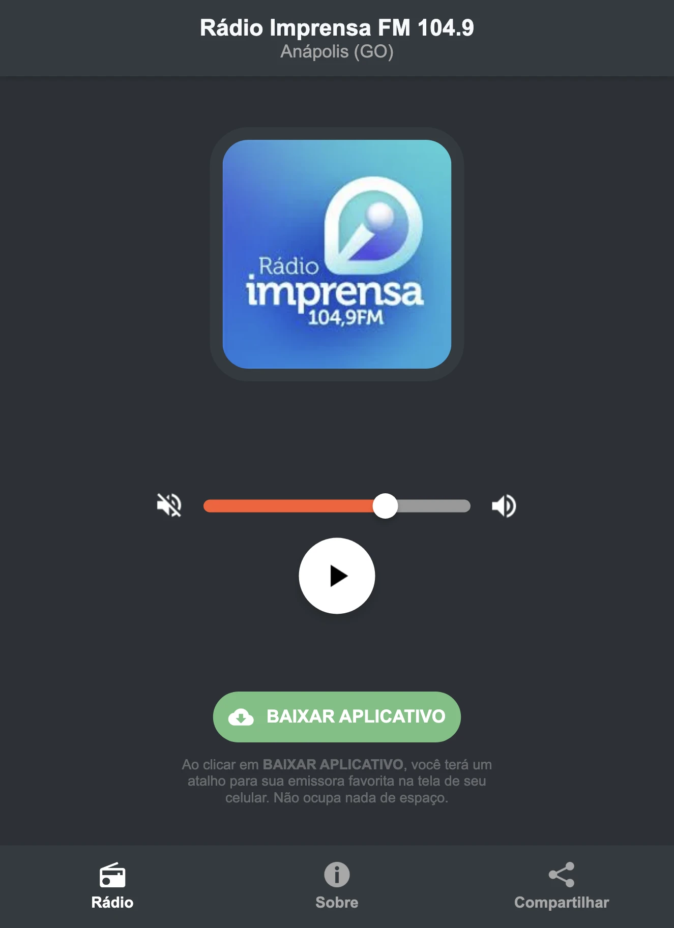 Screenshot do aplicativo da Rádio Imprensa FM 104.9