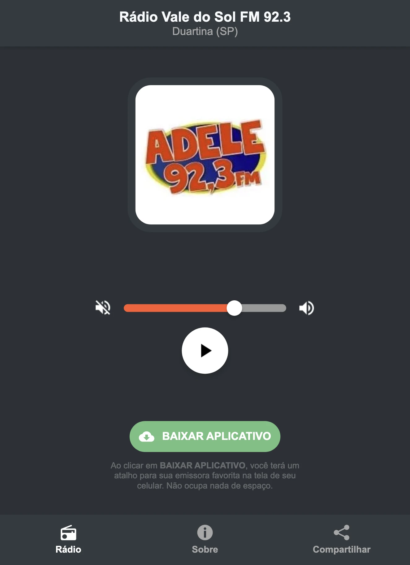 Screenshot do aplicativo da Rádio Vale do Sol FM 92.3