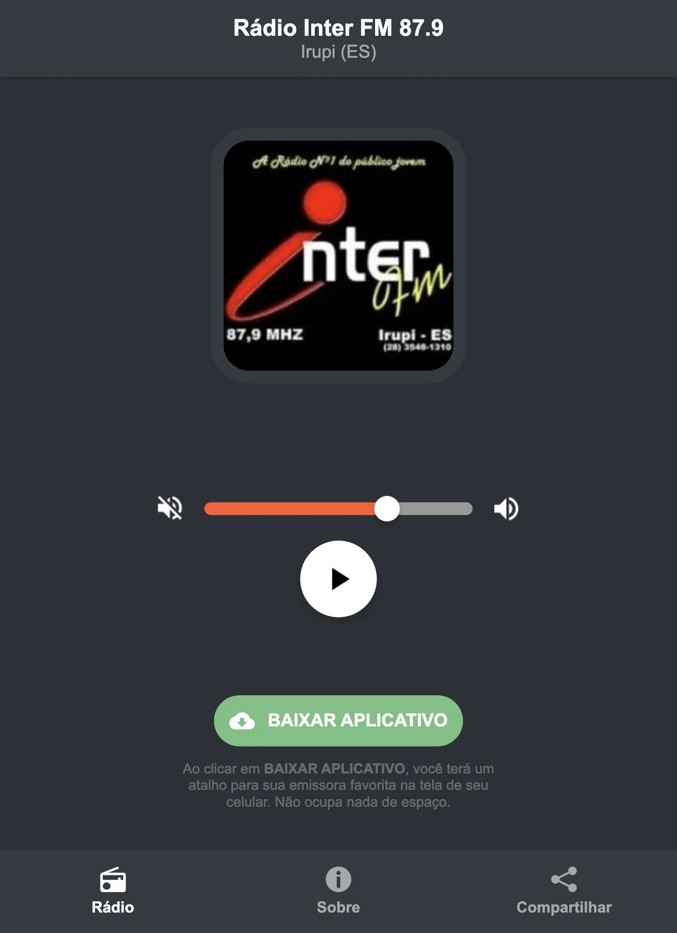 Screenshot do aplicativo da Rádio Inter FM 87.9