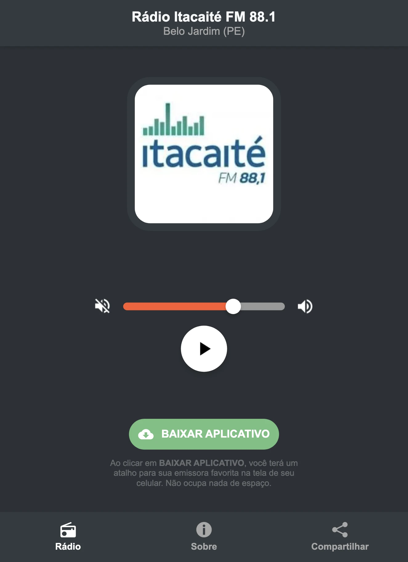 Screenshot do aplicativo da Rádio Itacaité FM 88.1