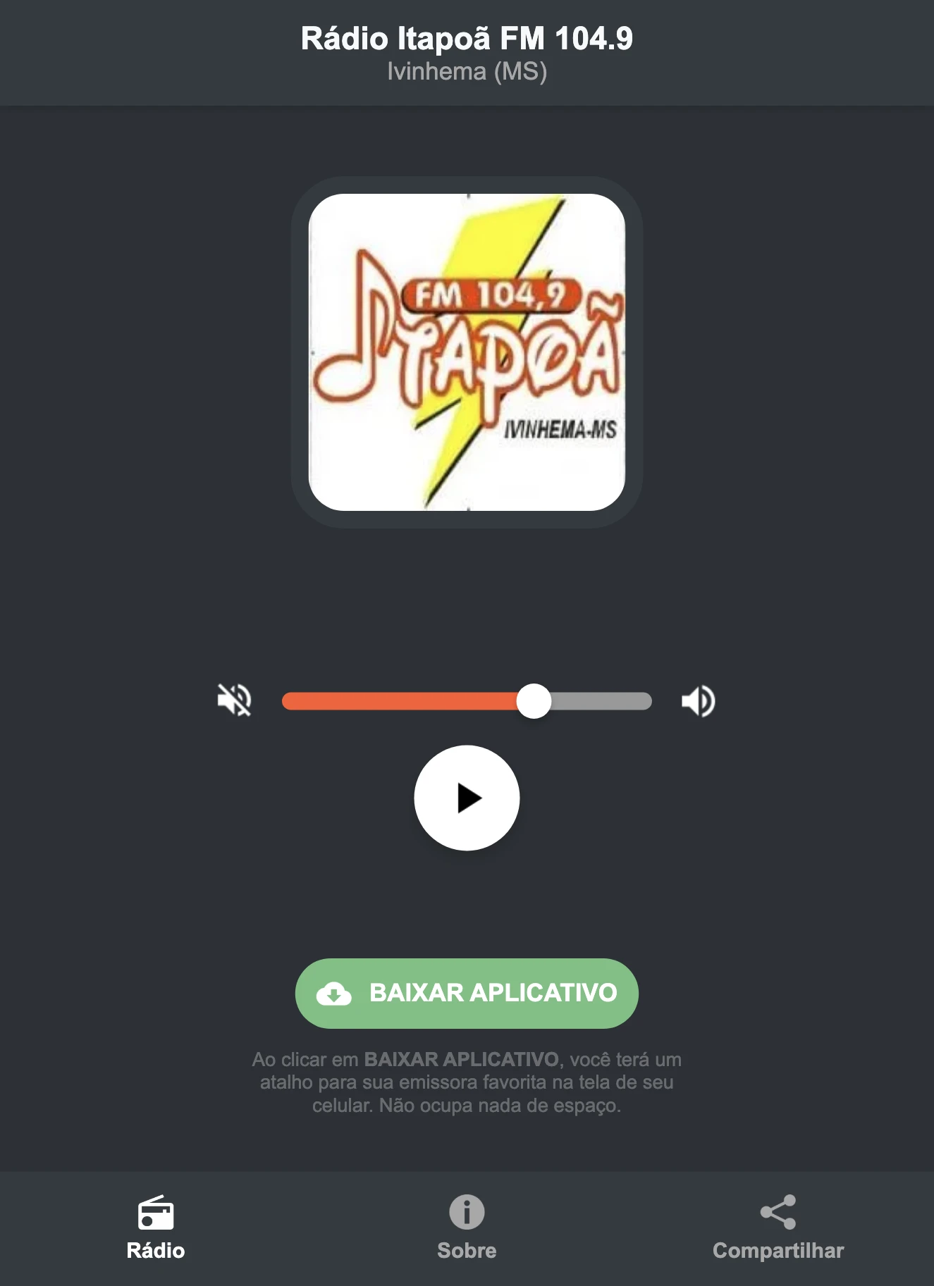 Screenshot do aplicativo da Rádio Itapoã FM 104.9