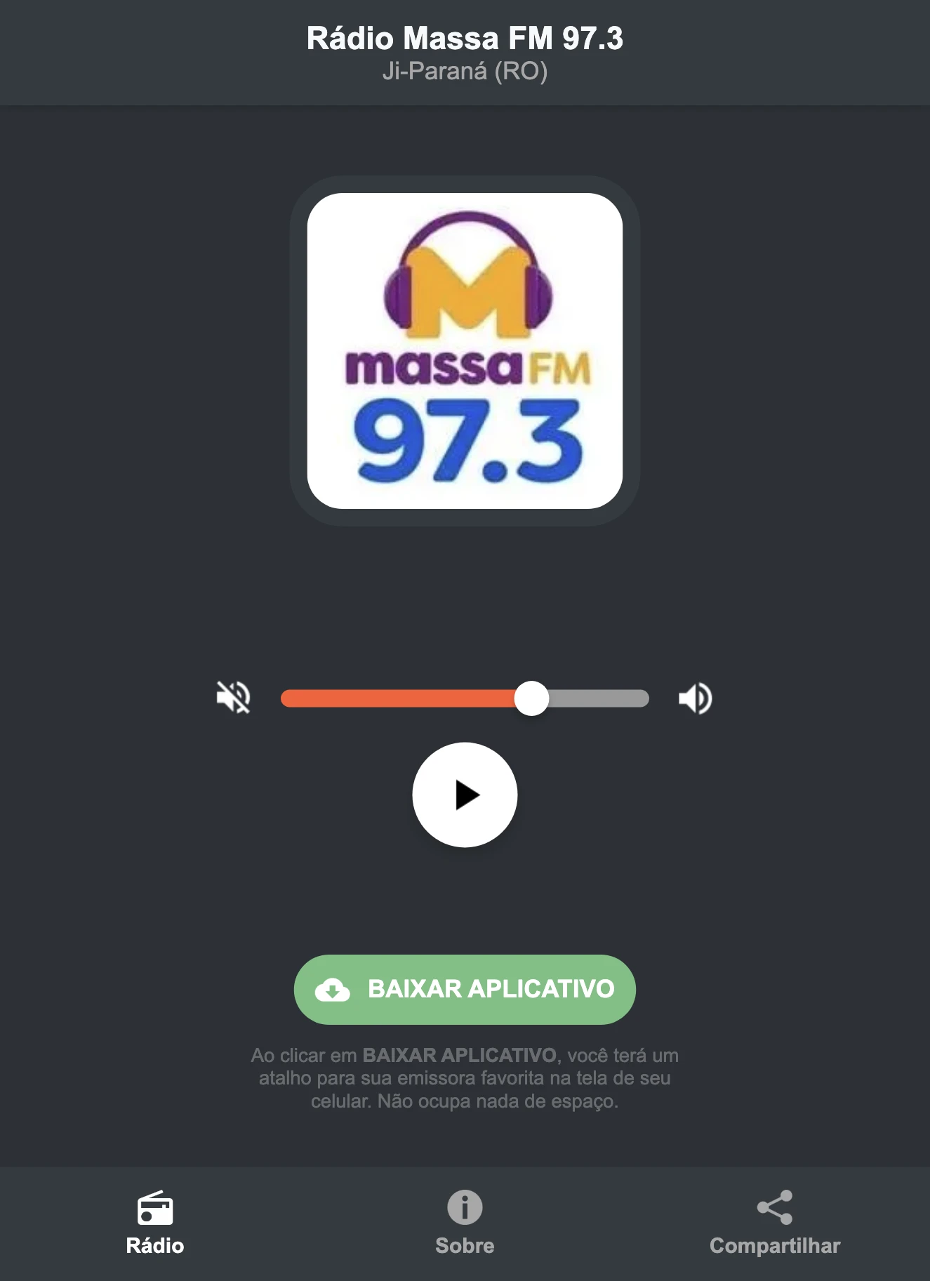 Screenshot do aplicativo da Rádio Massa FM 97.3