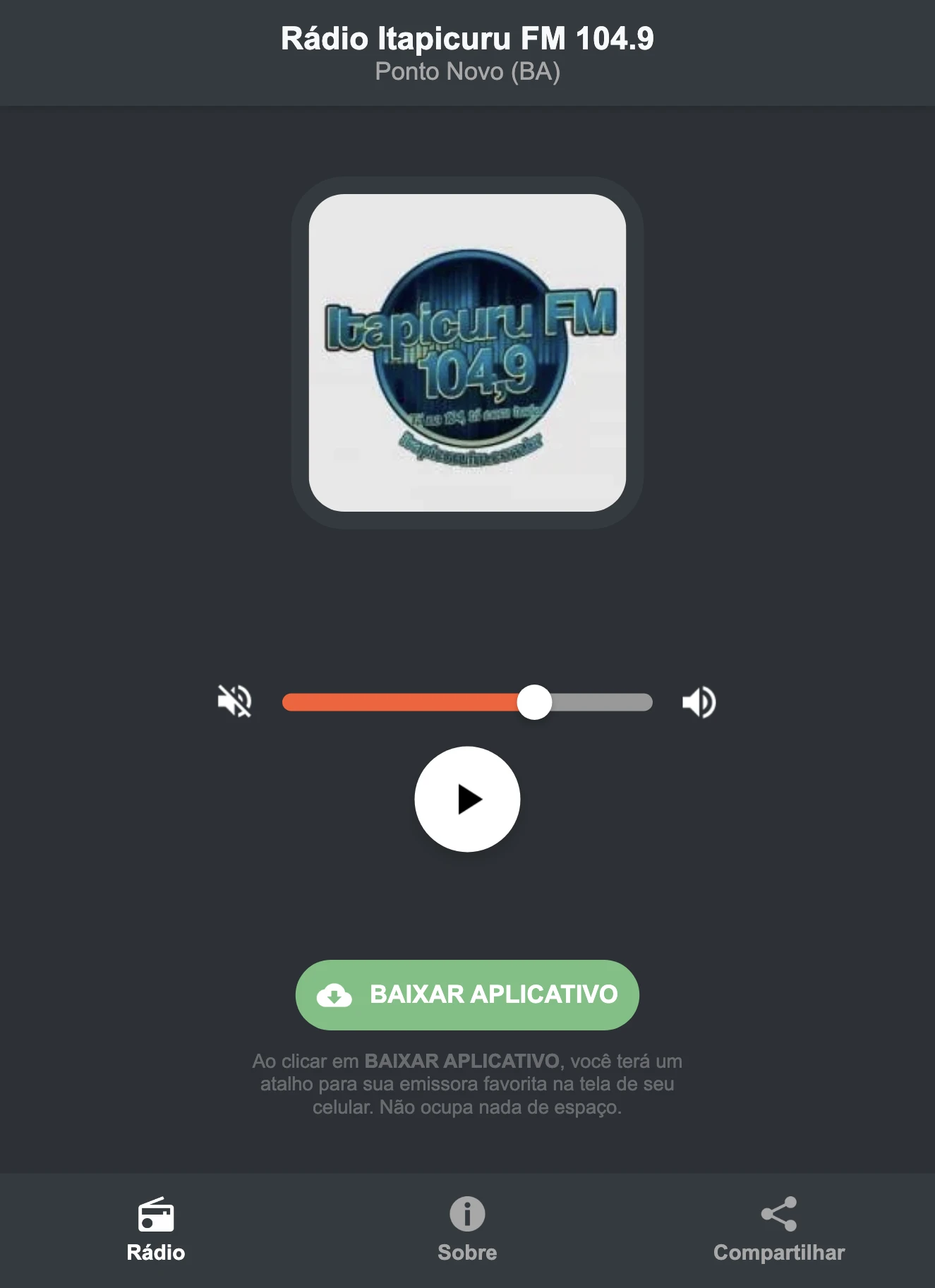Screenshot do aplicativo da Rádio Itapicuru FM 104.9