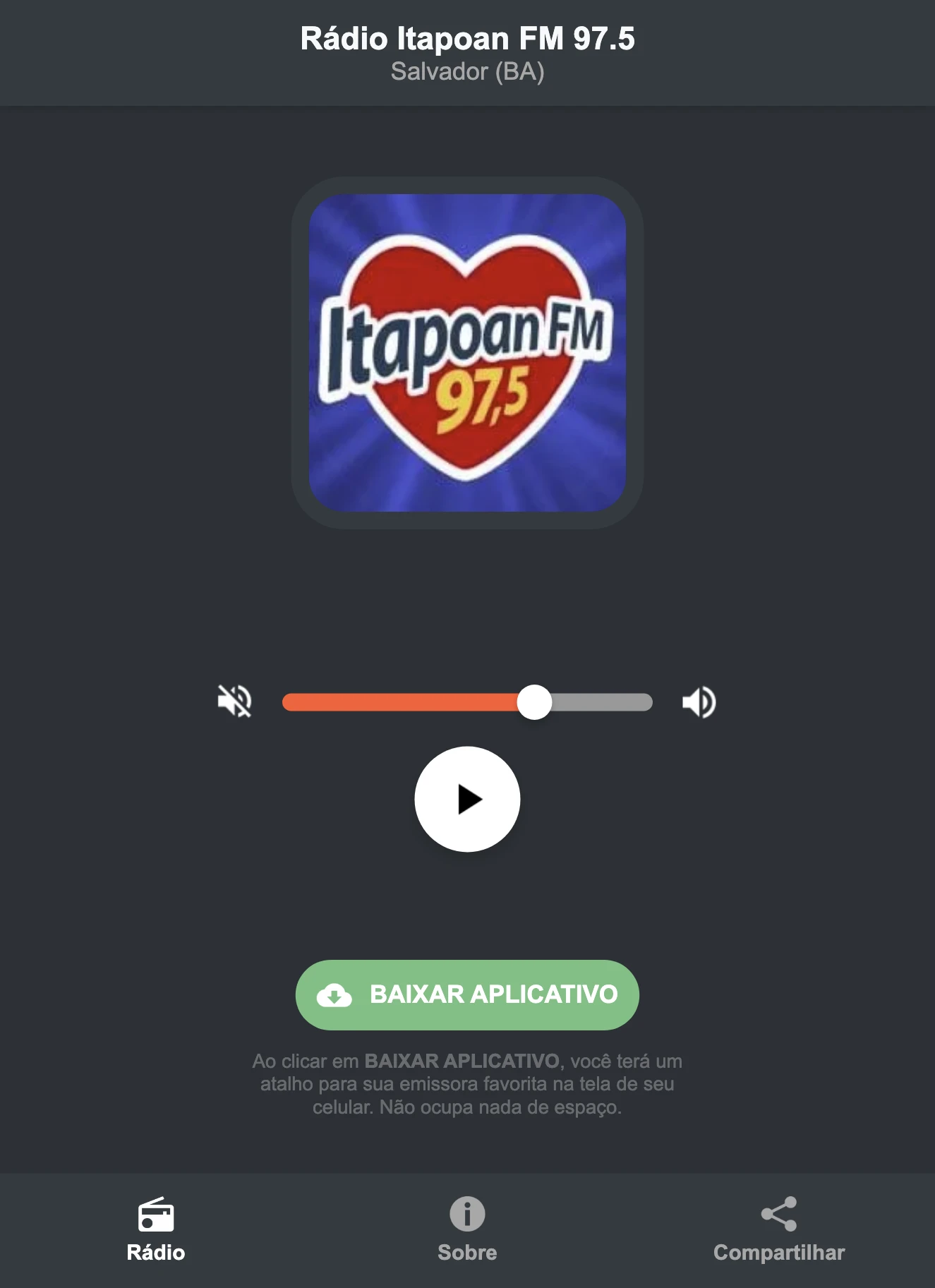 Screenshot do aplicativo da Rádio Itapoan FM 97.5