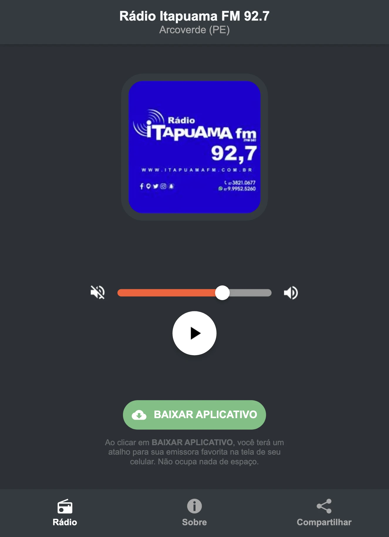 Screenshot do aplicativo da Rádio Itapuama FM 92.7
