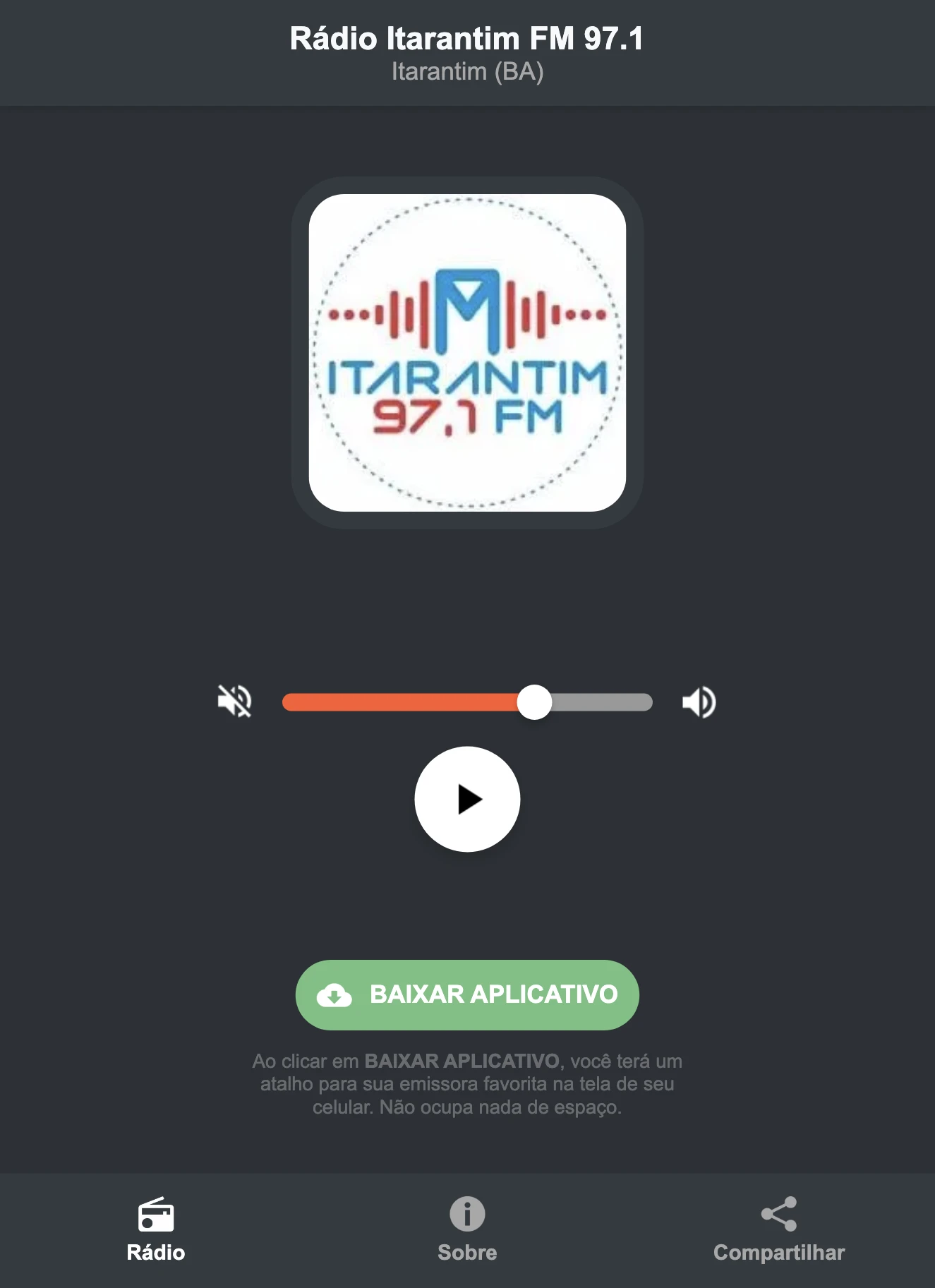 Screenshot do aplicativo da Rádio Itarantim FM 97.1