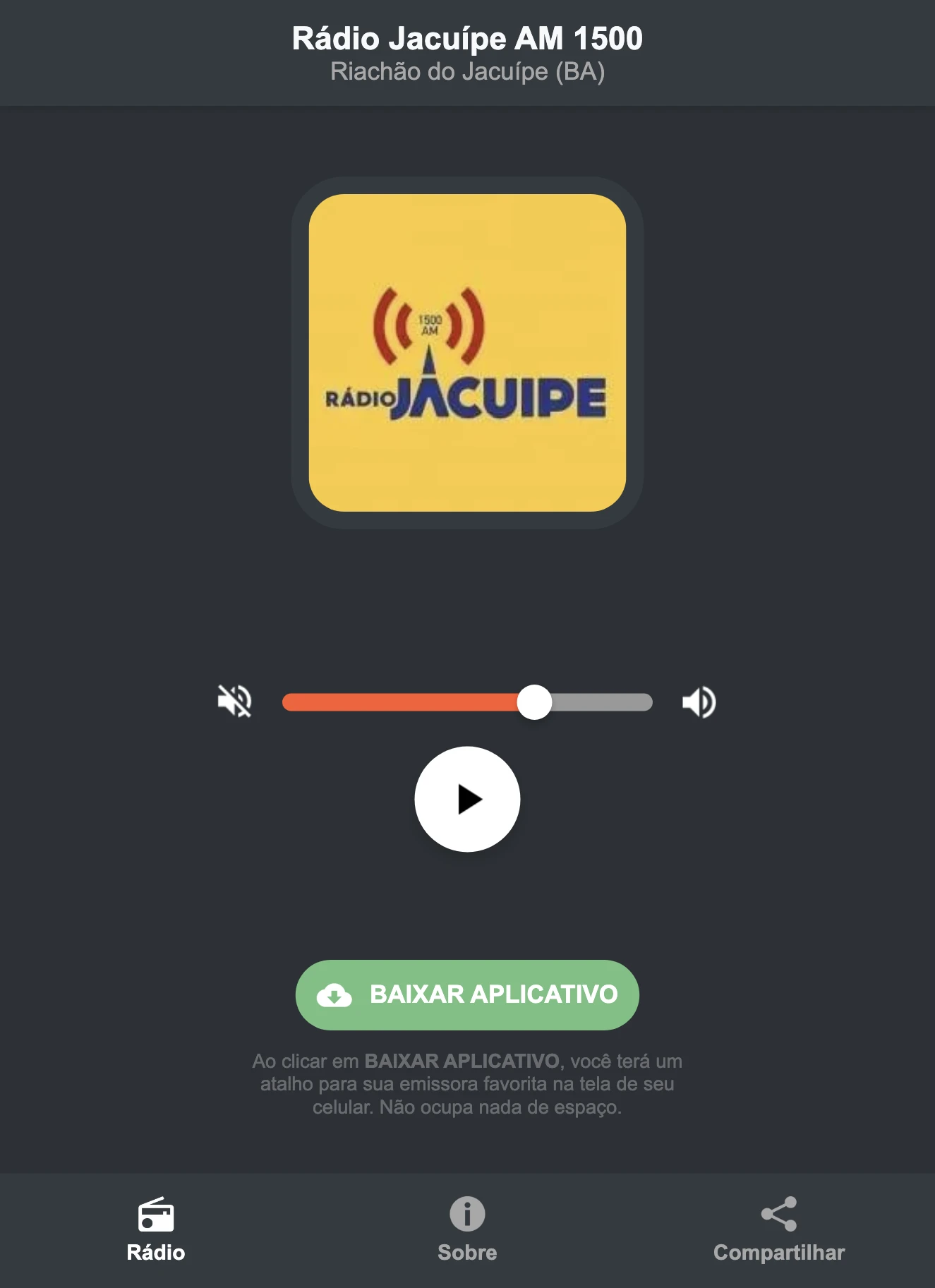 Screenshot do aplicativo da Rádio Jacuípe AM 1500