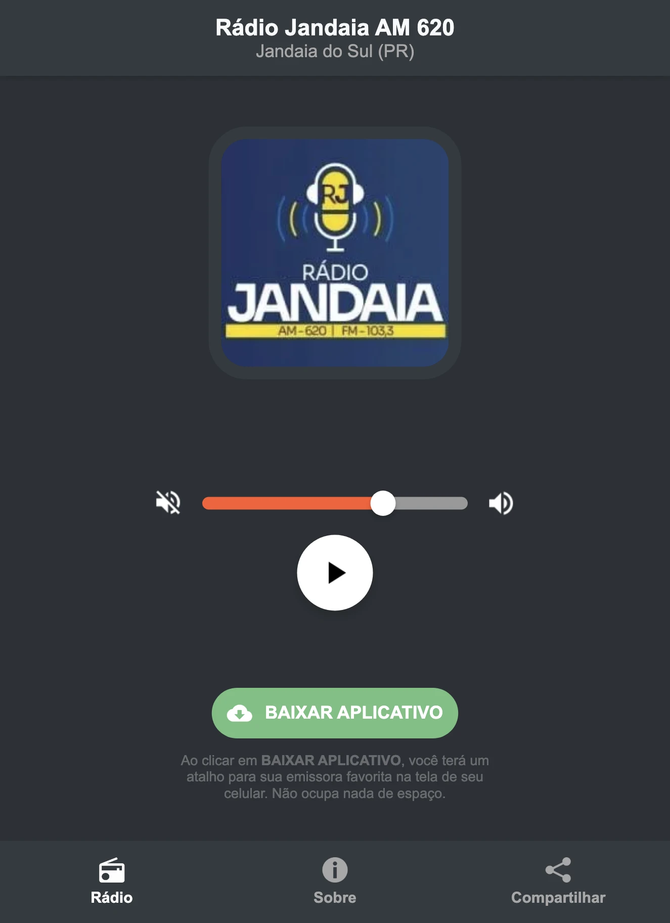 Screenshot do aplicativo da Rádio Jandaia AM 620