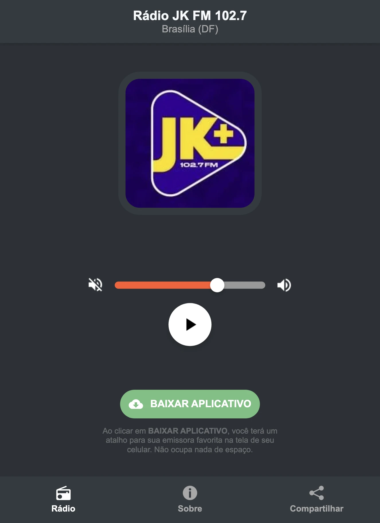 Screenshot do aplicativo da Rádio JK FM 102.7