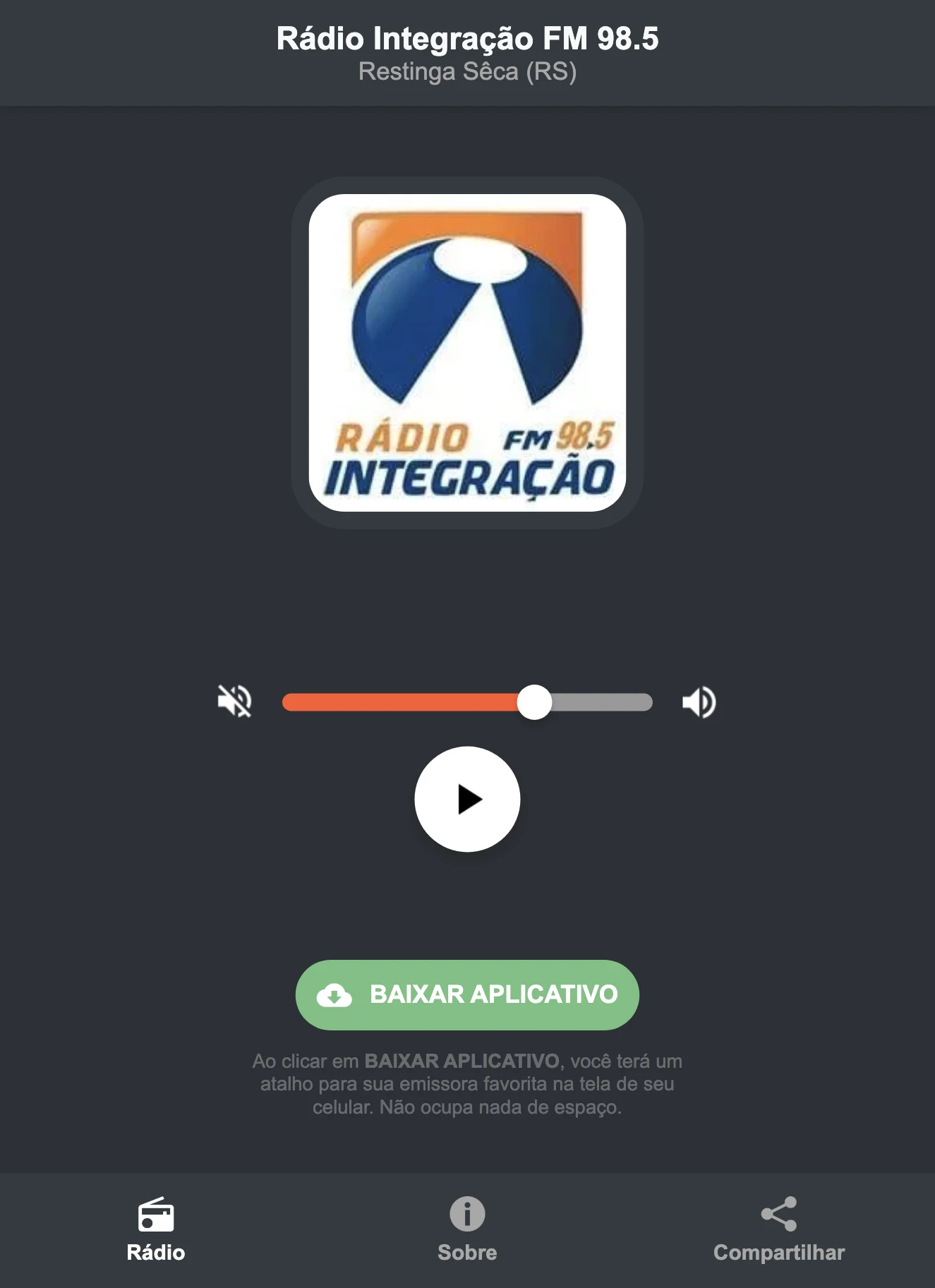 Screenshot do aplicativo da Rádio Integração FM 98.5