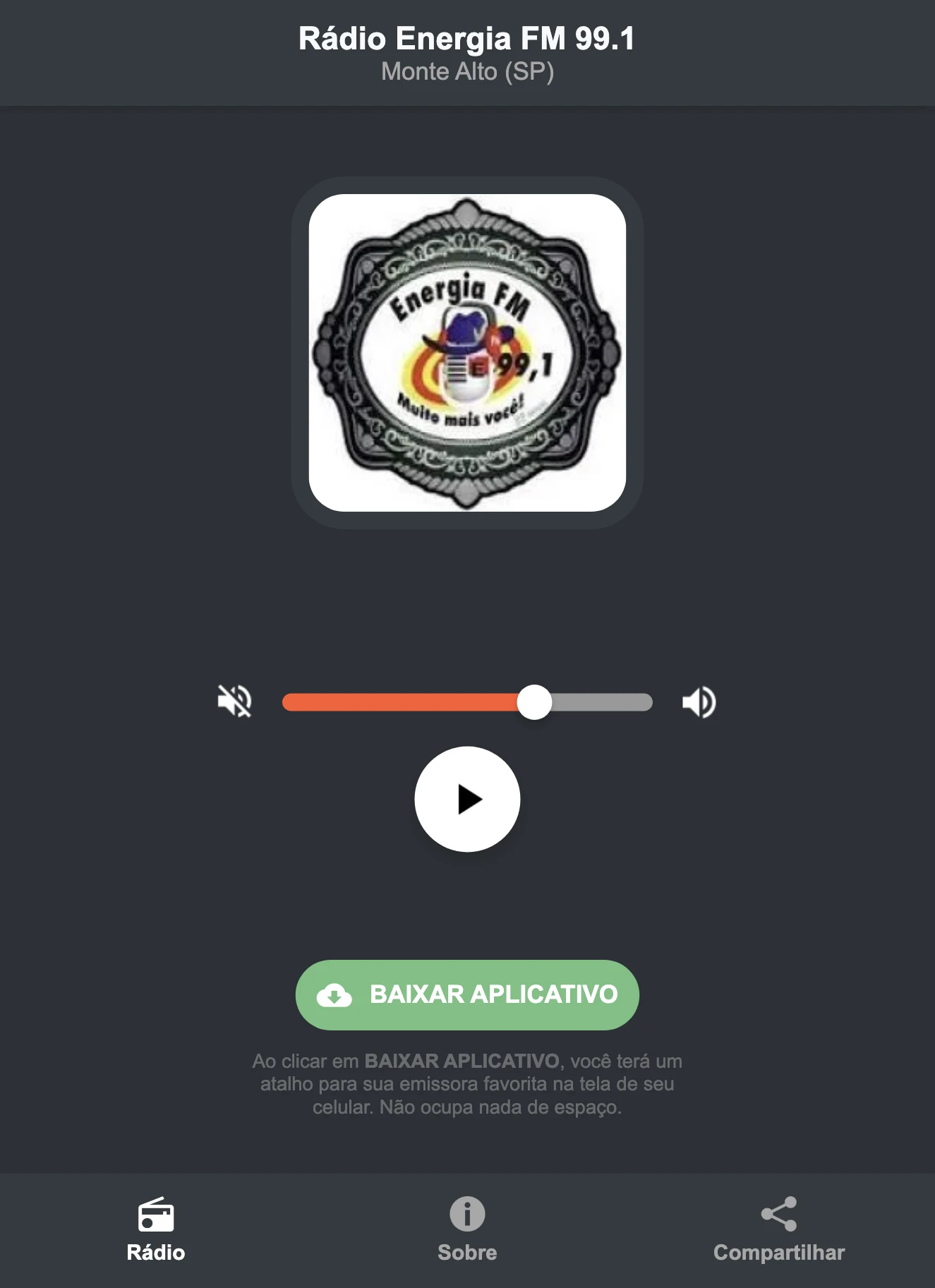 Screenshot do aplicativo da Rádio Energia FM 99.1