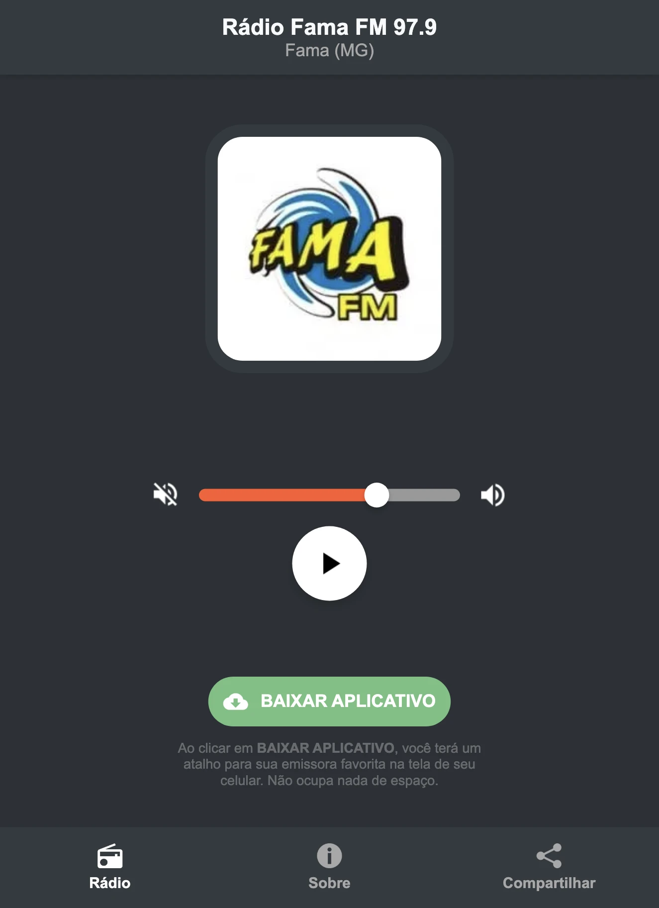 Screenshot do aplicativo da Rádio Fama FM 97.9
