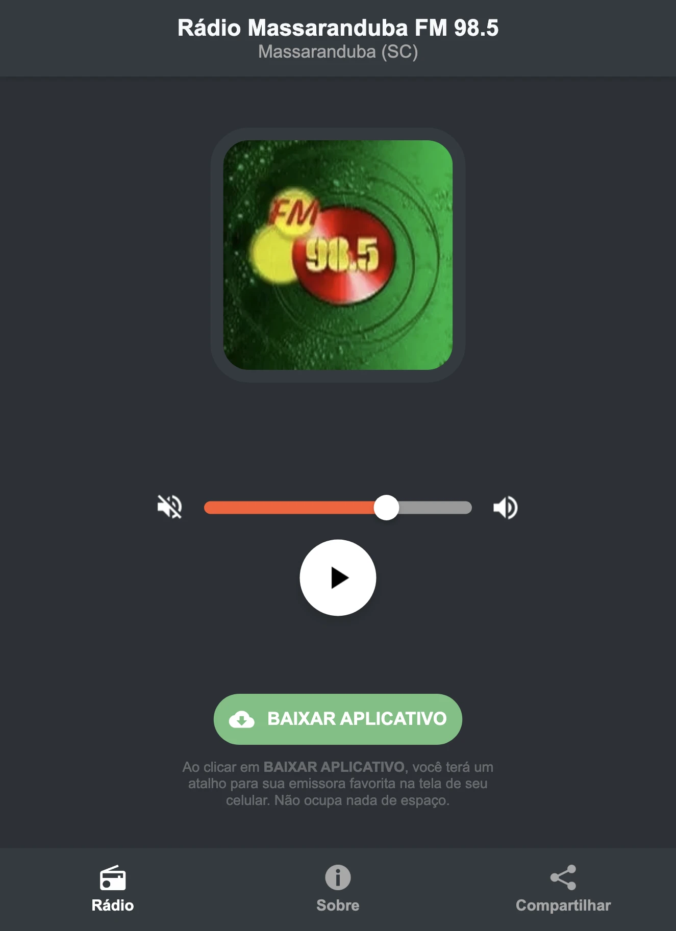 Screenshot do aplicativo da Rádio Massaranduba FM 98.5