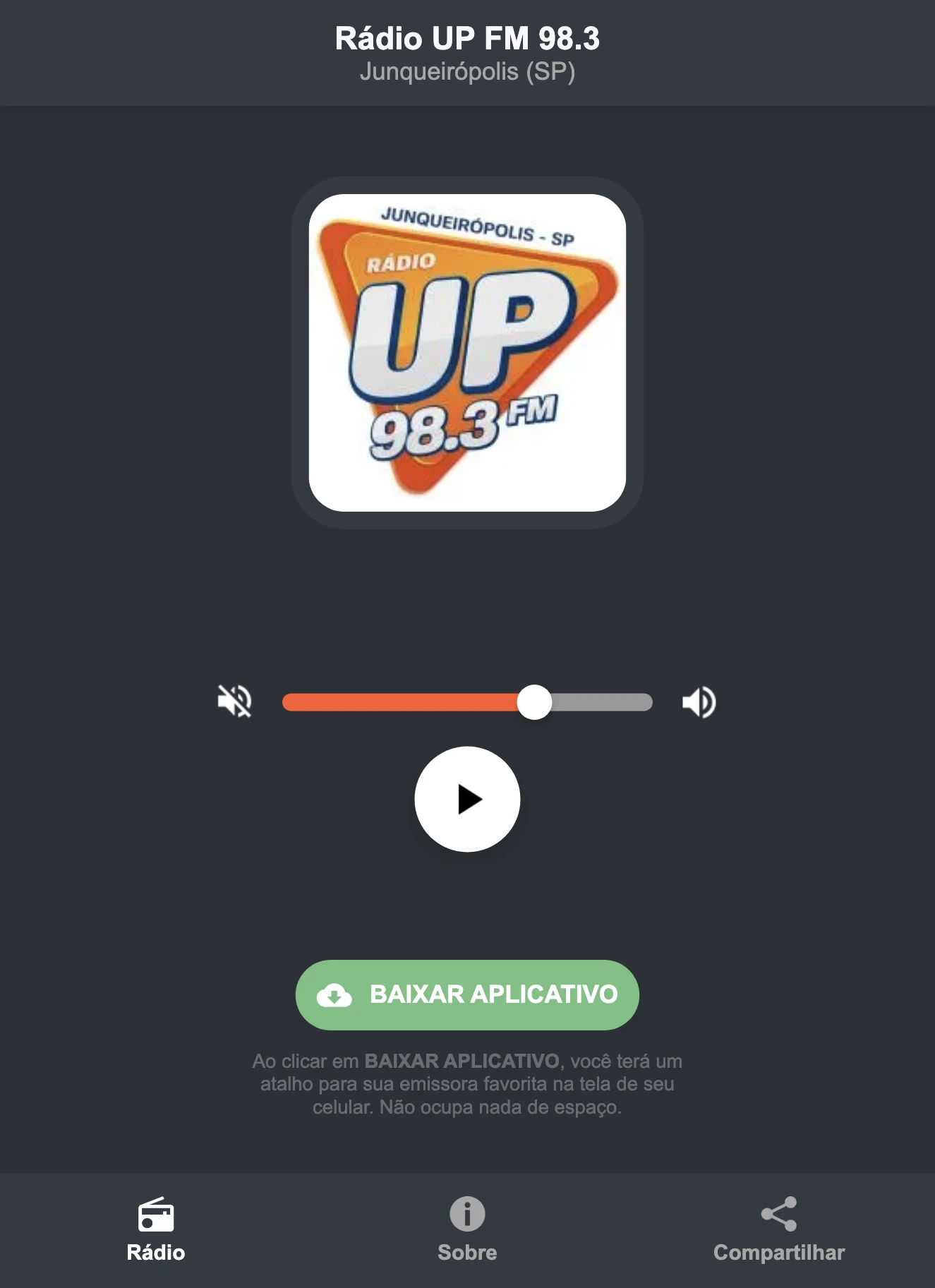 Screenshot do aplicativo da Rádio UP FM 98.3