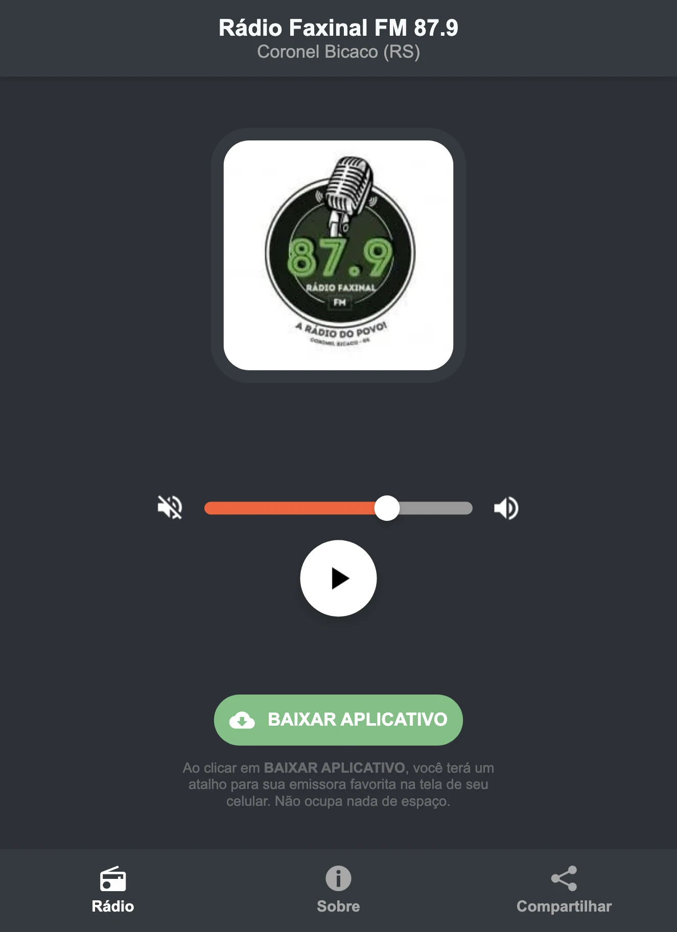 Screenshot do aplicativo da Rádio Faxinal FM 87.9