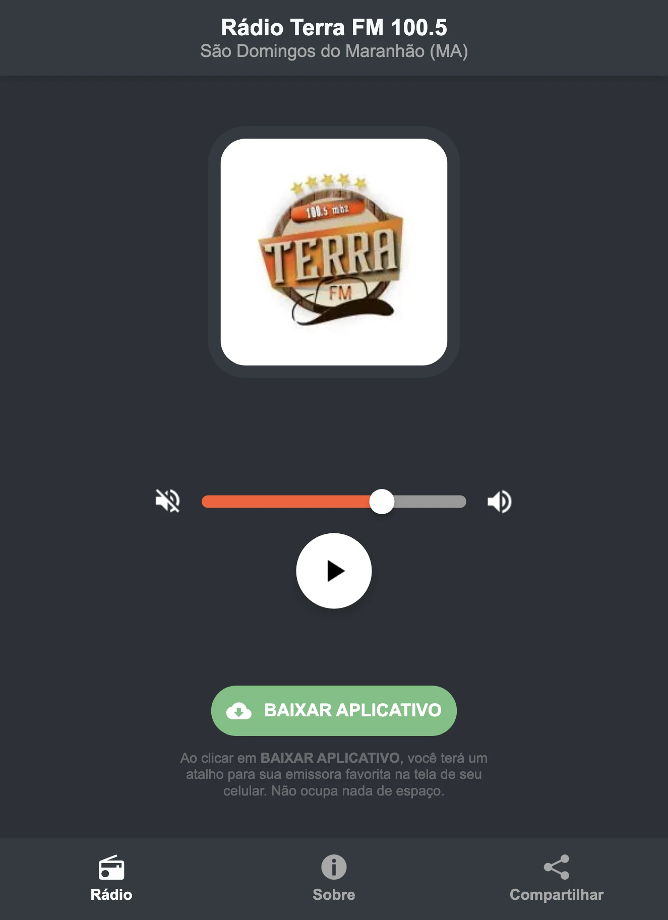 Screenshot do aplicativo da Rádio Terra FM 100.5