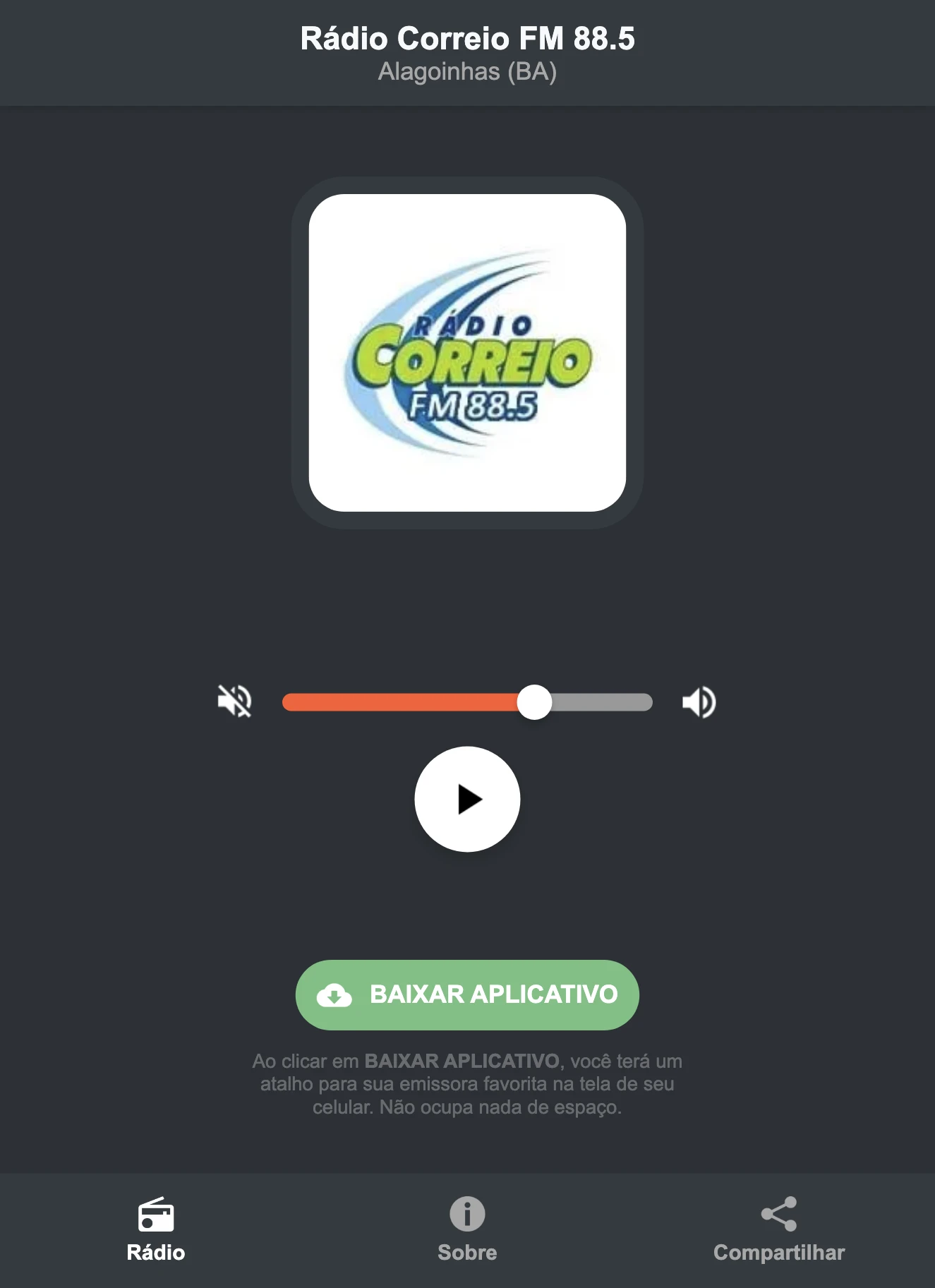 Screenshot do aplicativo da Rádio Correio FM 88.5