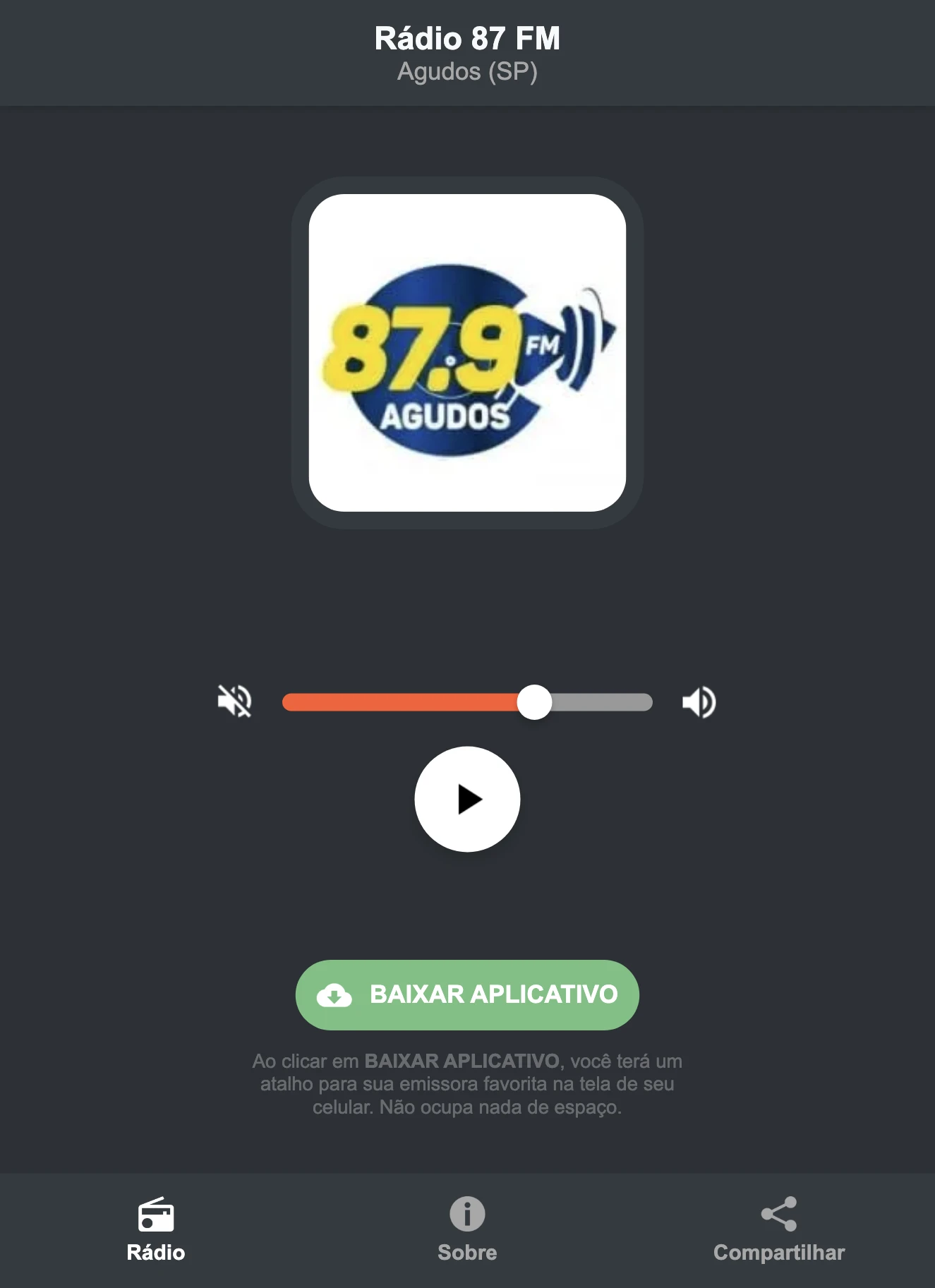 Screenshot do aplicativo da Rádio 87 FM