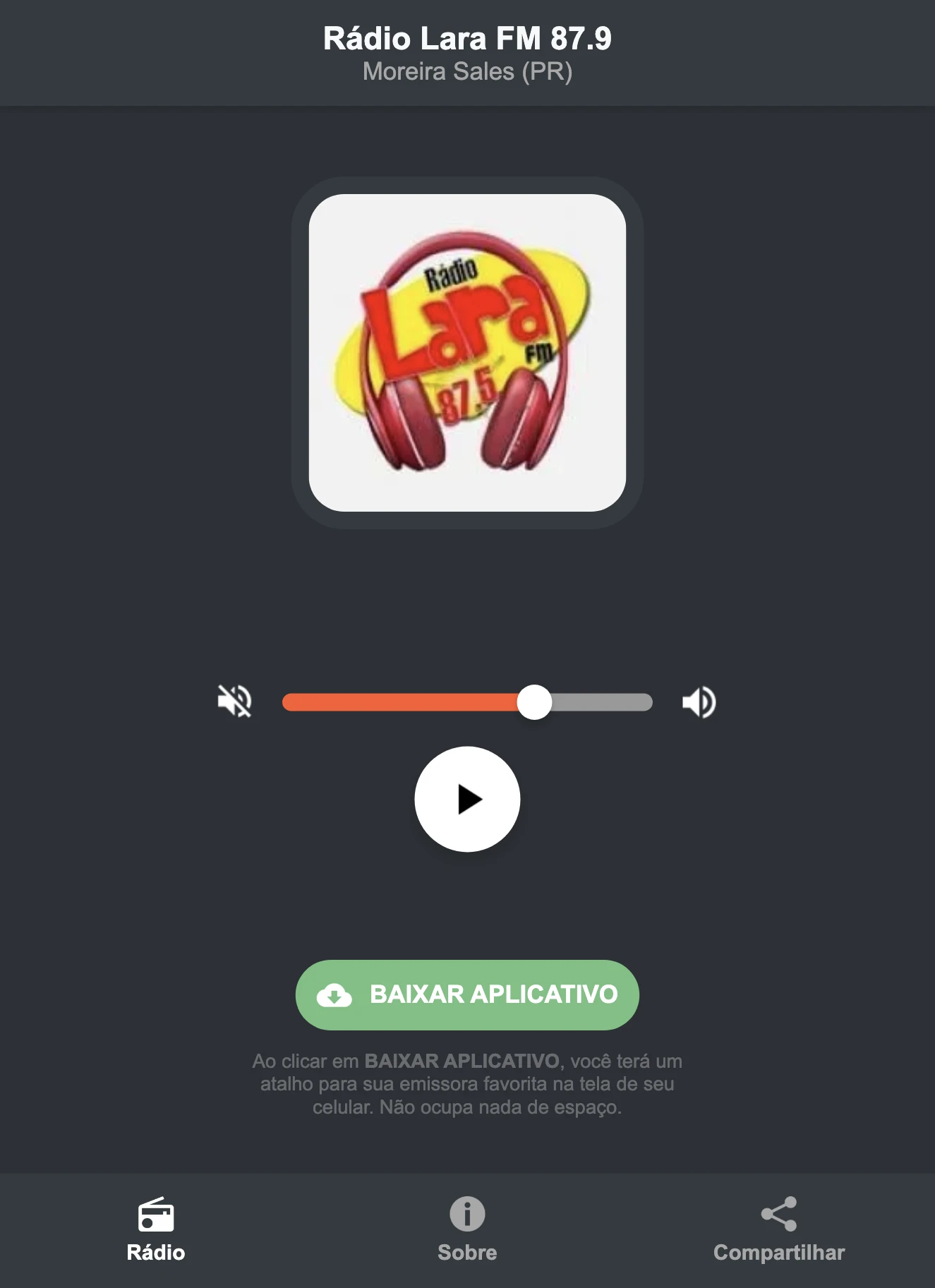 Screenshot do aplicativo da Rádio Lara FM 87.9