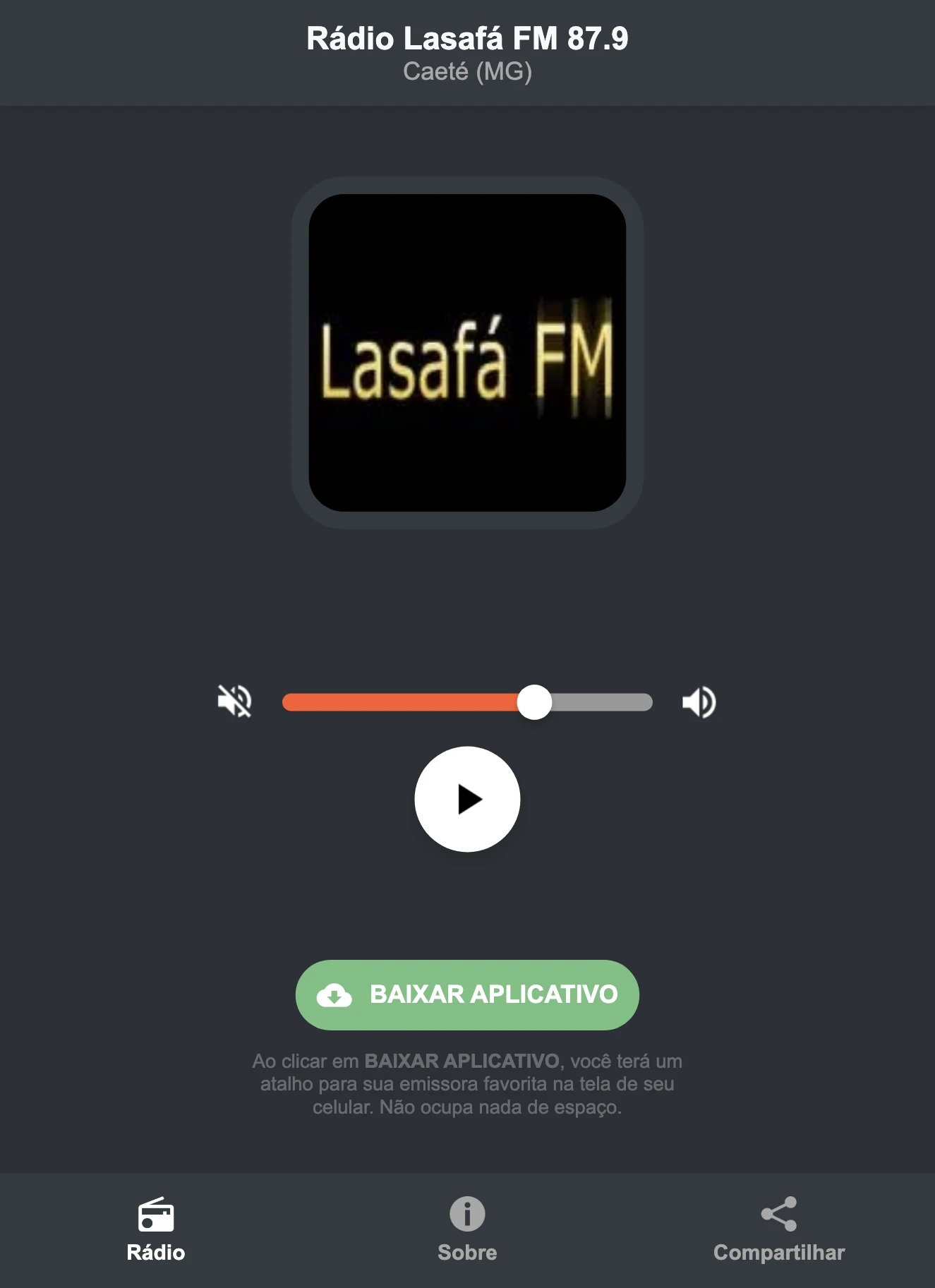 Screenshot do aplicativo da Rádio Lasafá FM 87.9