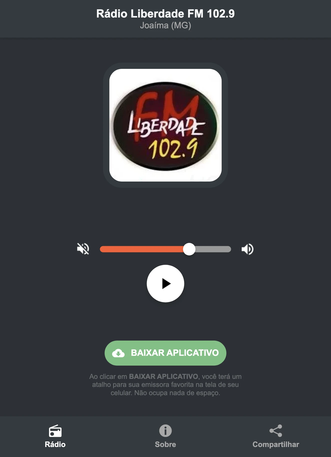 Screenshot do aplicativo da Rádio Liberdade FM 102.9