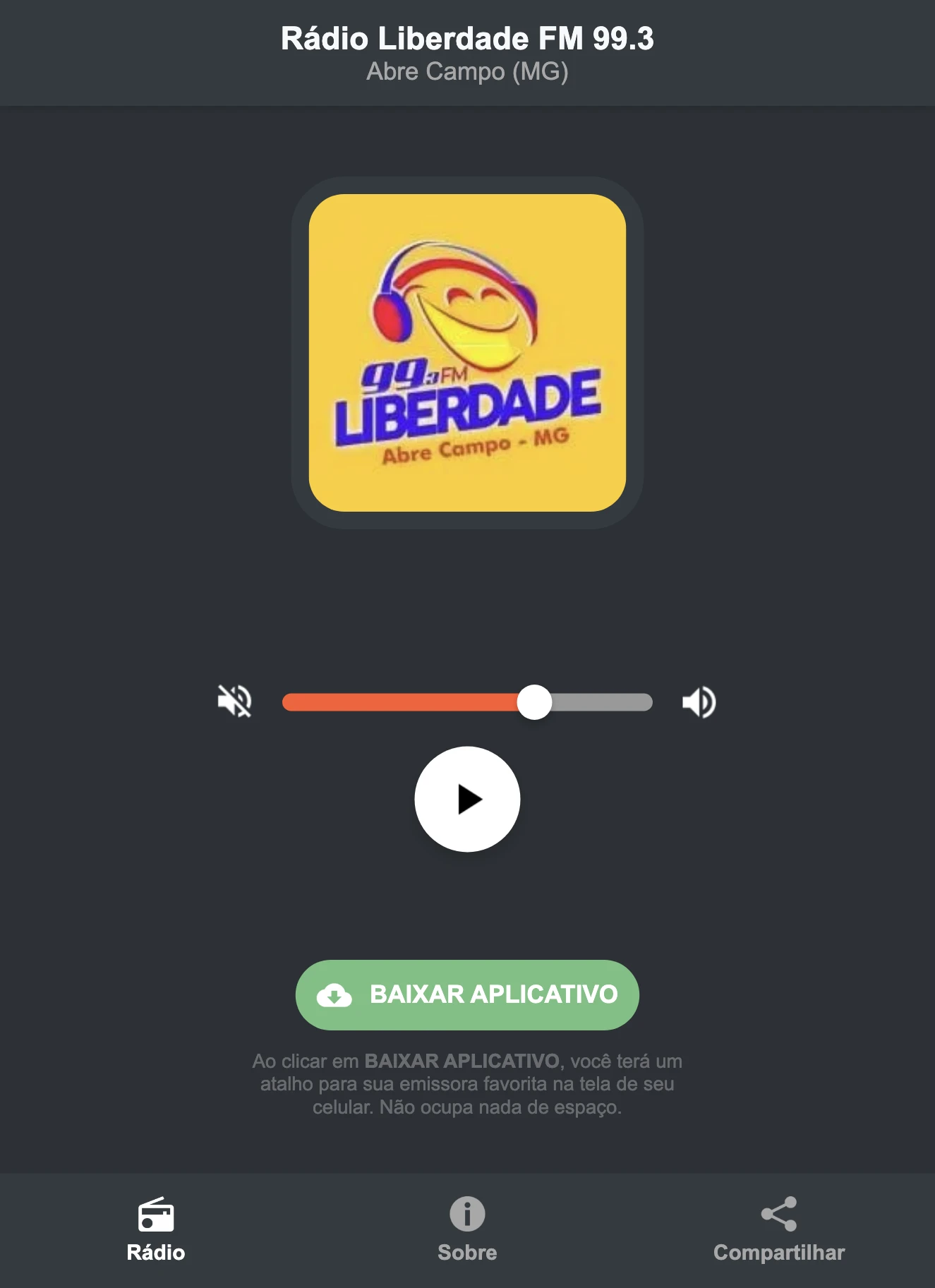 Screenshot do aplicativo da Rádio Liberdade FM 99.3