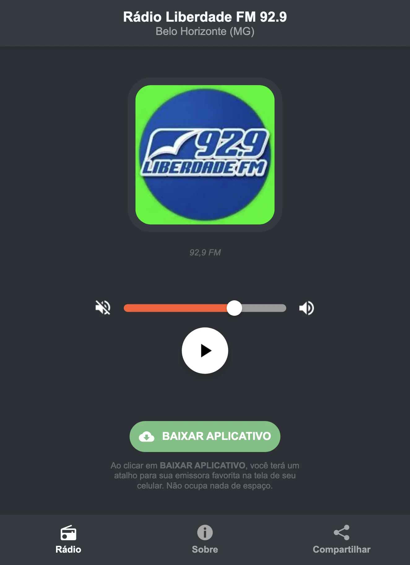 Screenshot do aplicativo da Rádio Liberdade FM 92.9