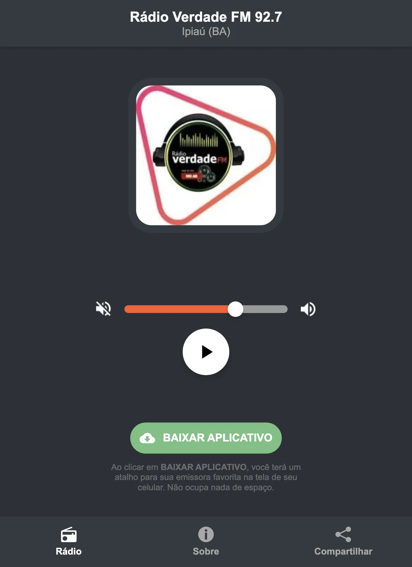 Screenshot do aplicativo da Rádio Verdade FM 92.7