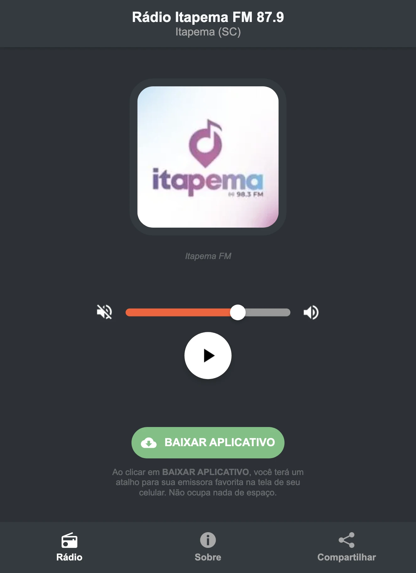 Screenshot do aplicativo da Rádio Itapema FM 87.9
