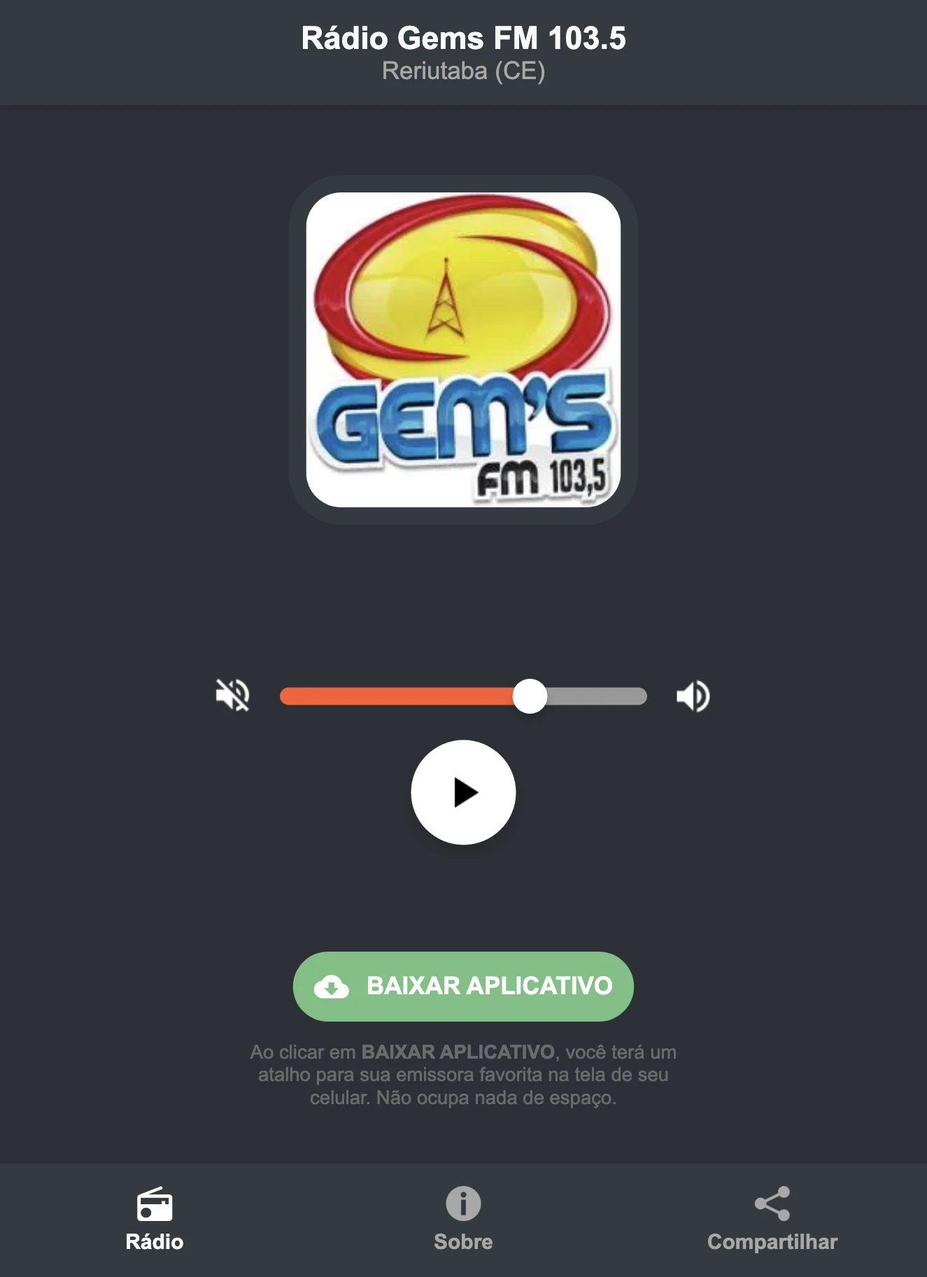 Screenshot do aplicativo da Rádio Gems FM 103.5
