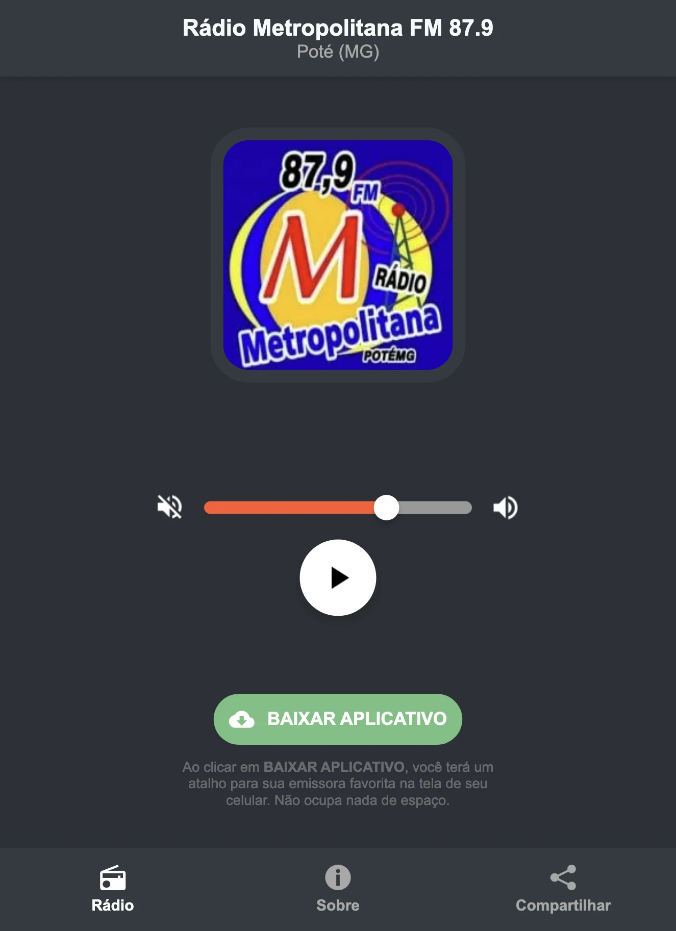 Screenshot do aplicativo da Rádio Metropolitana FM 87.9