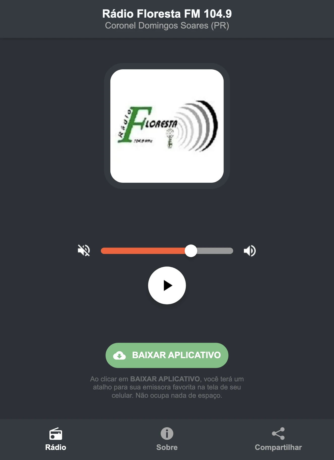 Screenshot do aplicativo da Rádio Floresta FM 104.9