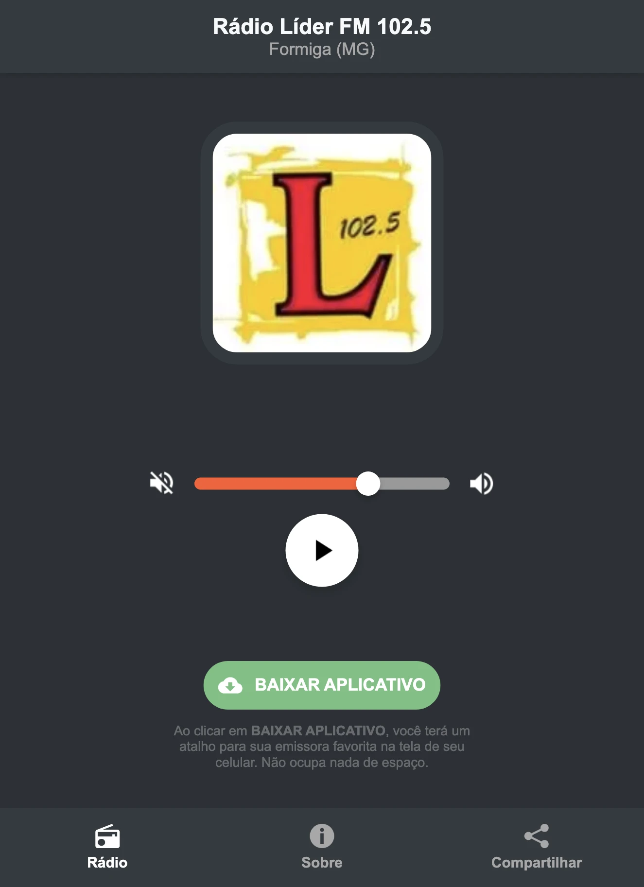 Screenshot do aplicativo da Rádio Líder FM 102.5