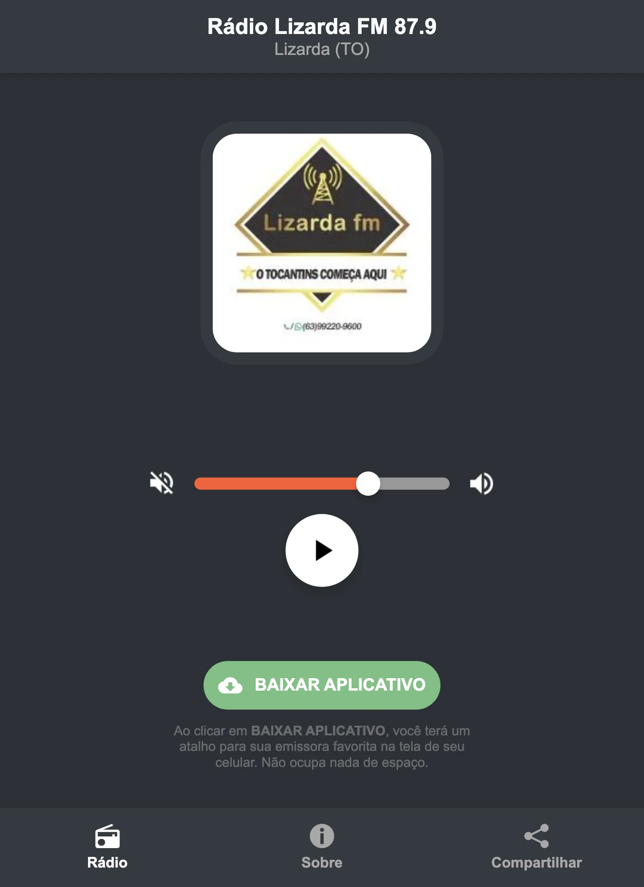 Screenshot do aplicativo da Rádio Lizarda FM 87.9