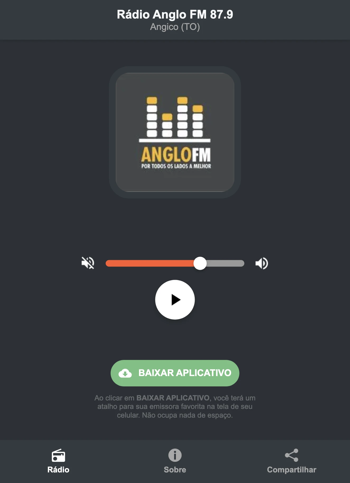 Screenshot do aplicativo da Rádio Anglo FM 87.9