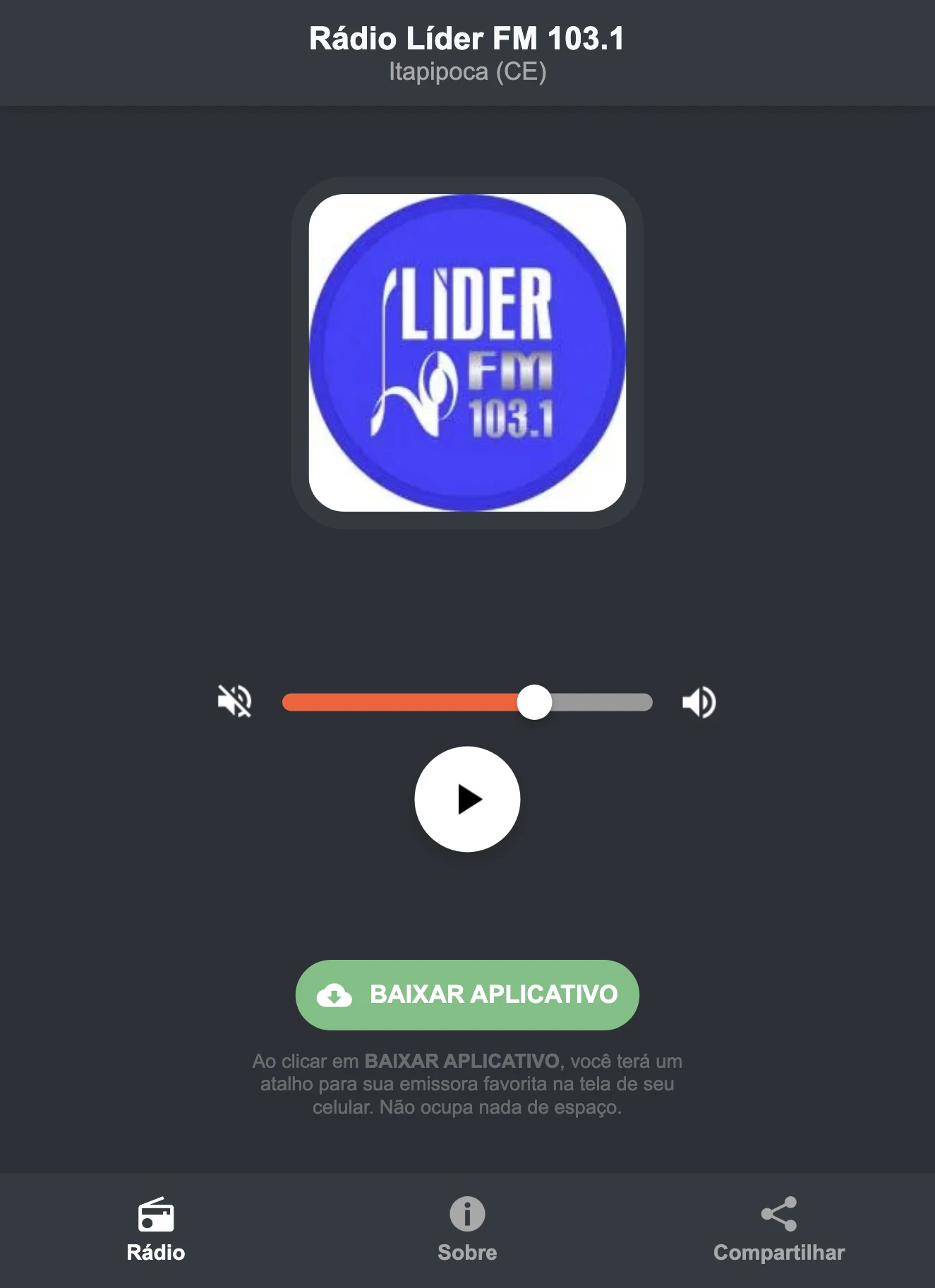 Screenshot do aplicativo da Rádio Líder FM 103.1
