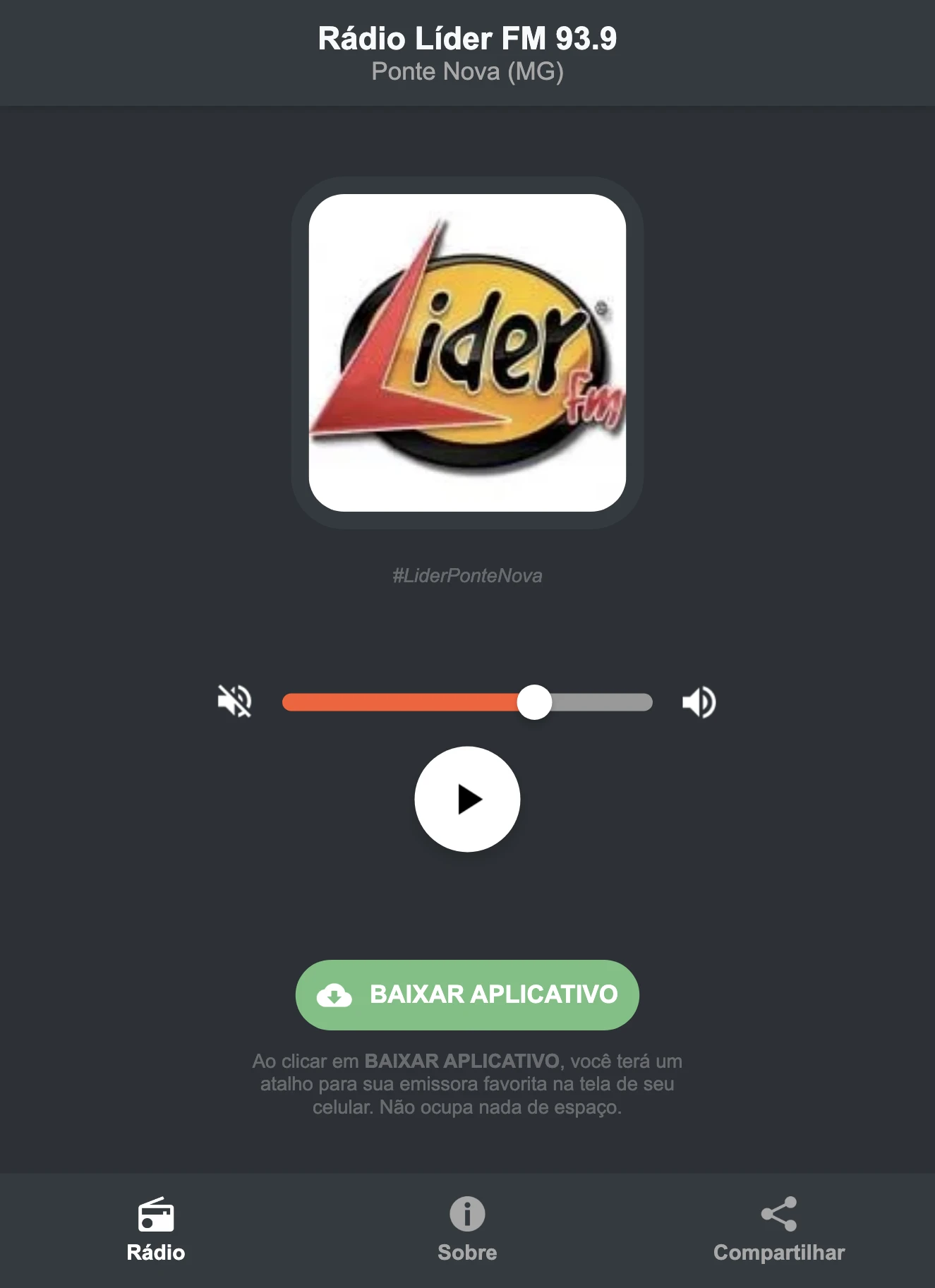 Screenshot do aplicativo da Rádio Líder FM 93.9